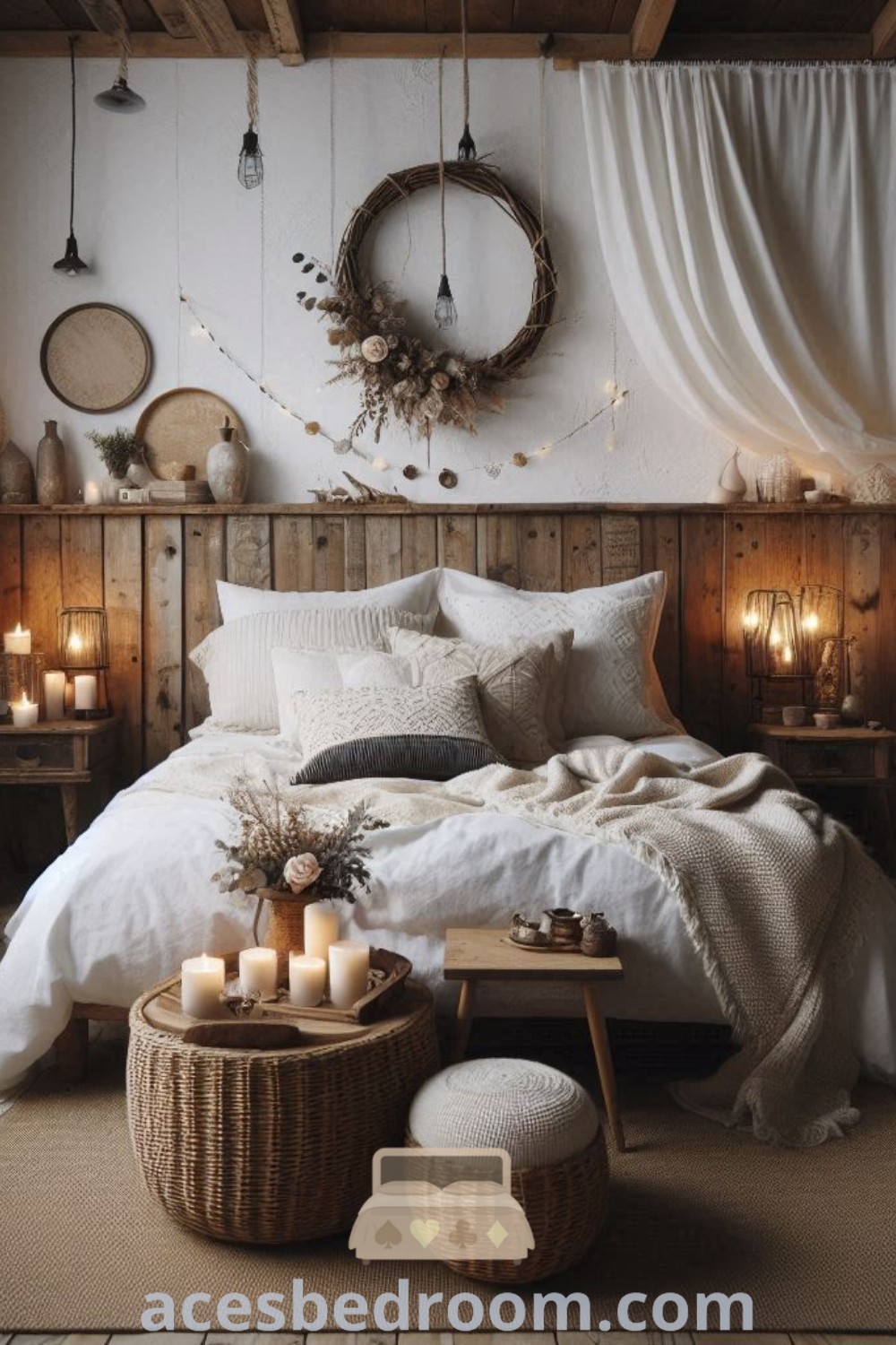 A cozy fall bedroom featuring layered white bedding, candles on the floor, and decor inspirations for a warm and sophisticated look. This inviting space includes stylish design ideas for bedroom updates and small living room layouts, perfect for creating a tranquil atmosphere. Discover more cozy ideas at acesbedroom.com.