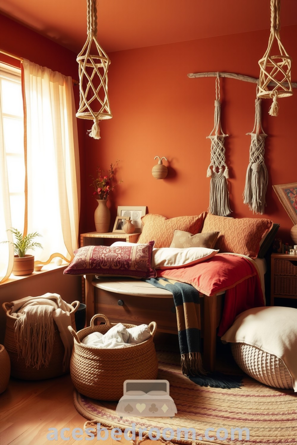 Cozy boho bedroom featuring warm brown hues, terracotta walls, a handcrafted wooden bed with patterned cushions, sheer curtains, woven baskets, and macramé accents for a relaxed and inviting atmosphere, designed for inspiration on acesbedroom.com.