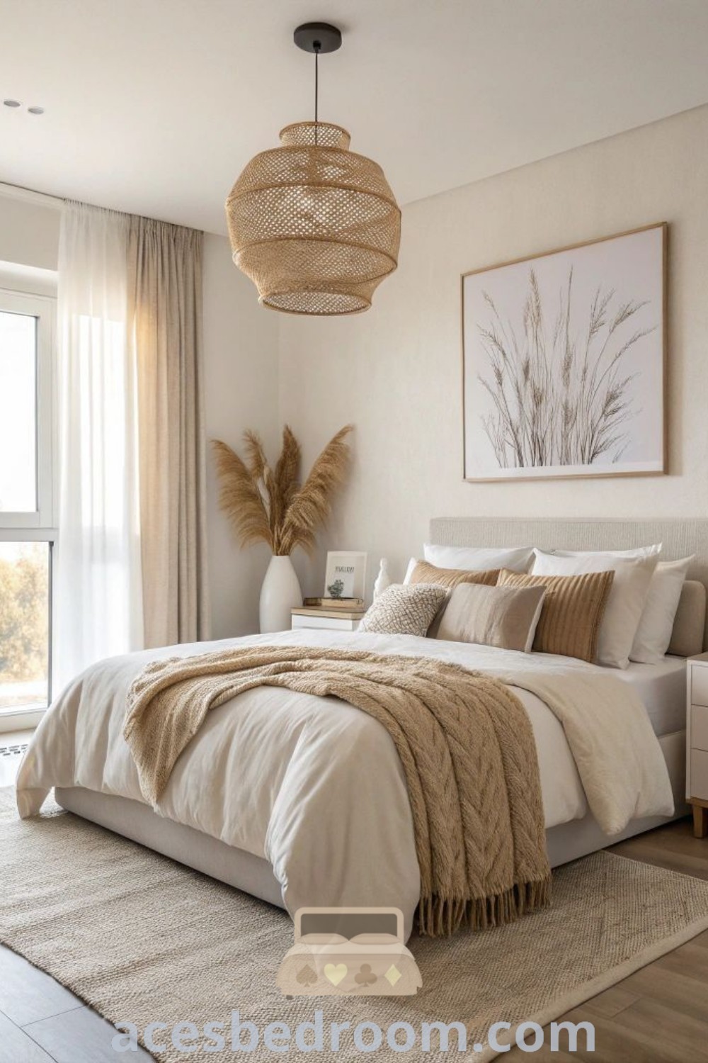 A cozy bedroom with a large bed and beige decor on the walls, featuring two windows that brighten the space. This neutral bedroom design showcases stylish inspirations for a warm and sophisticated look, perfect for creating an inviting atmosphere. Find more design ideas at acesbedroom.com.