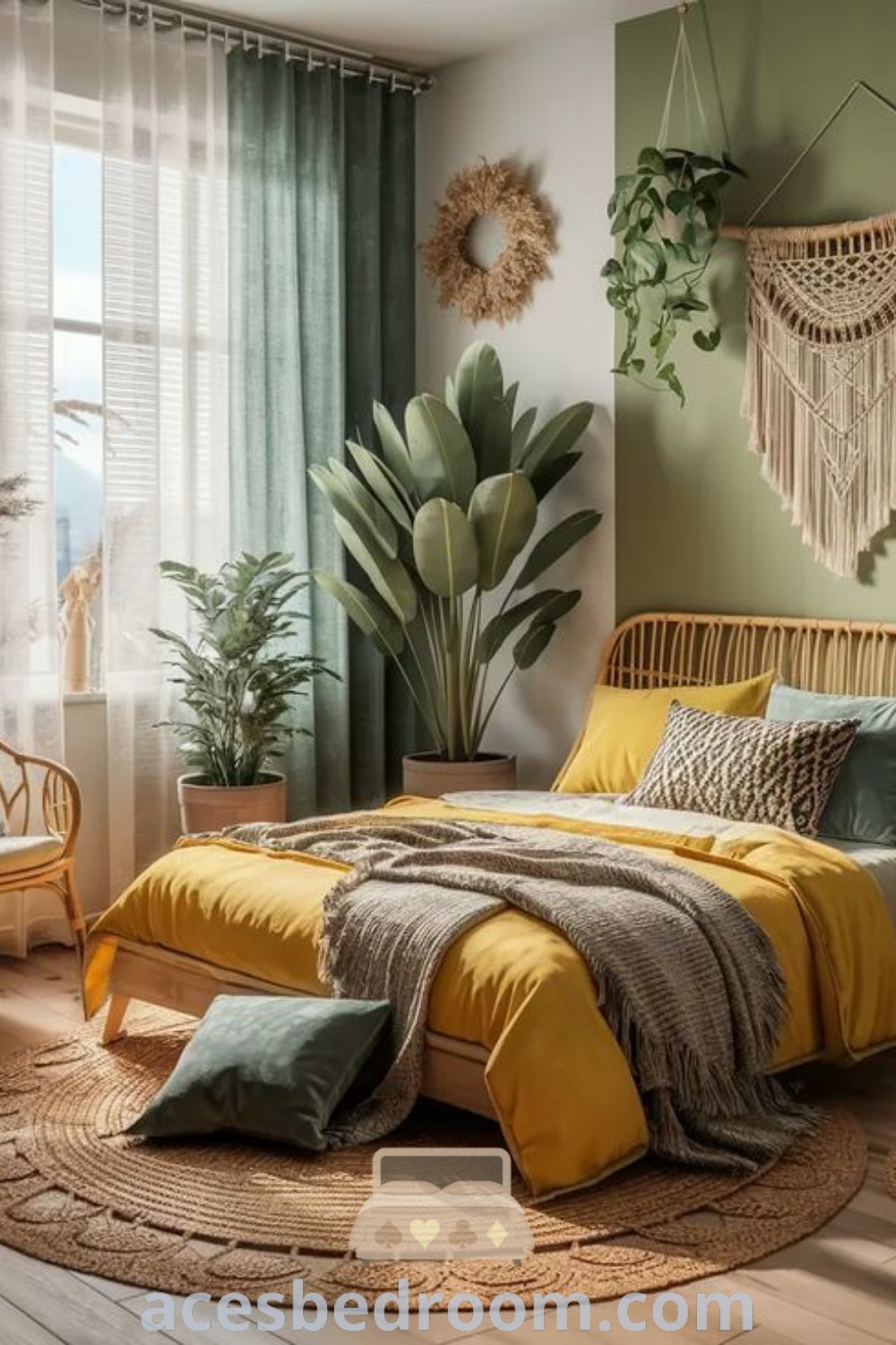 A cozy bedroom decorated in tropical green and yellow, featuring wicker bedding, pillows, rugs, and potted plants. This green and yellow boho bedroom presents unique decor ideas for a warm and inviting look. Discover more stylish inspirations at acesbedroom.com.
