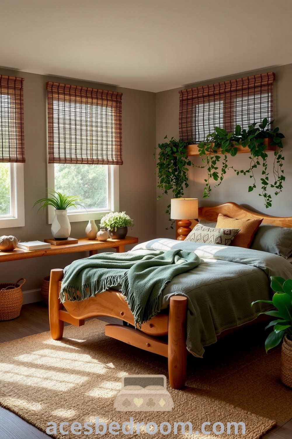Cozy nature-inspired bedroom featuring bamboo blinds, an organically shaped wooden bed frame with a handwoven blanket, potted ferns, and rustic lamps, creating a warm and inviting atmosphere, showcased on acesbedroom.com.