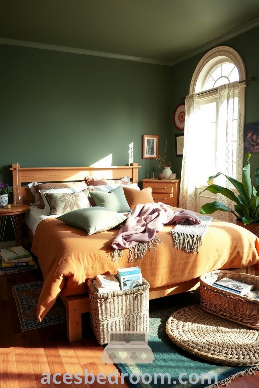 Cozy boho bedroom with soft green walls, a textured bedspread, mismatched pillows, wicker baskets, and plants, emphasizing a tranquil atmosphere perfect for relaxation, featured on acesbedroom.com.