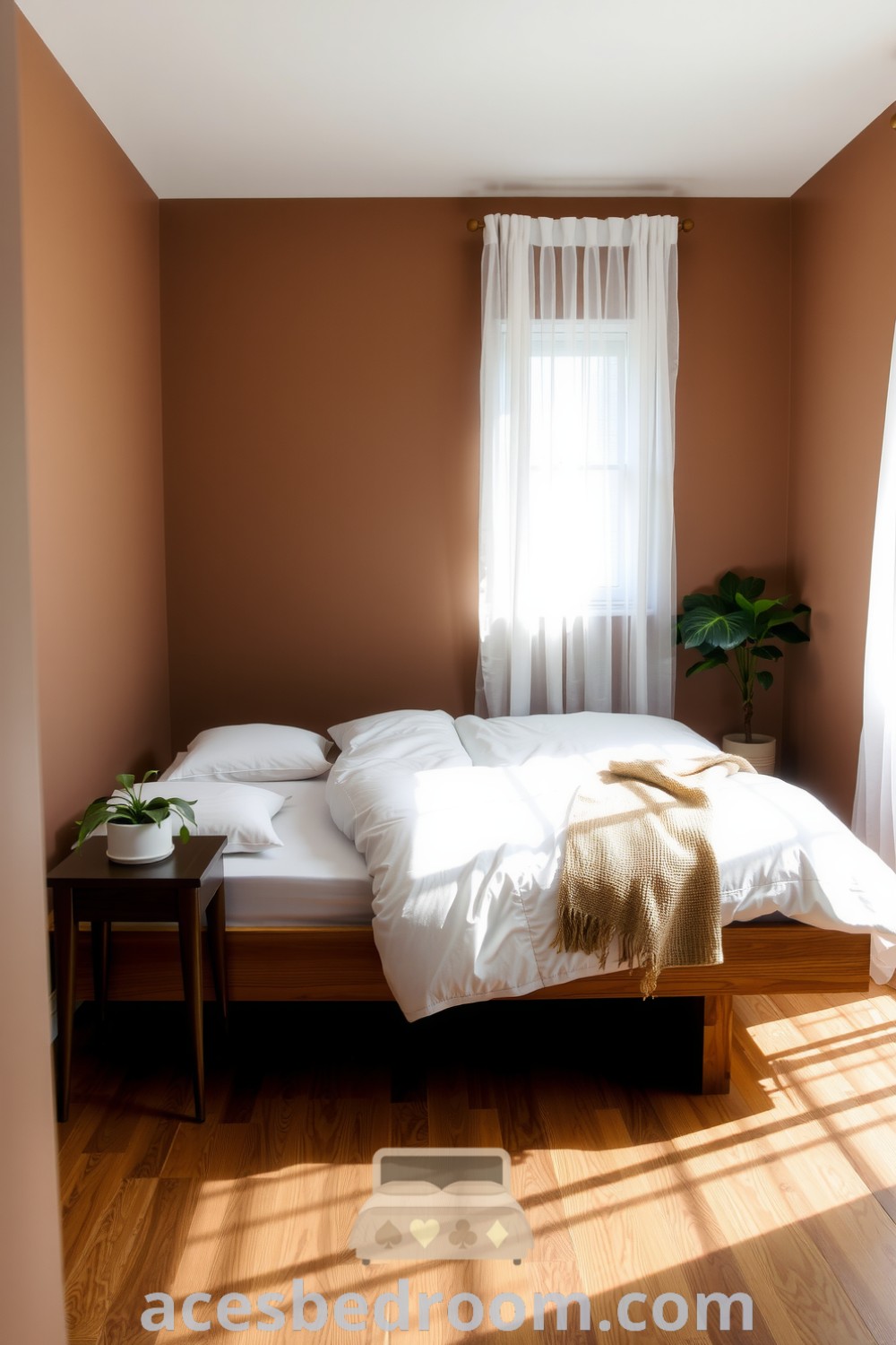Cozy Japandi bedroom featuring soft brown walls, a low wooden bed with white linens, a textured burlap throw, and minimalist decor including a potted plant, all designed for a warm and sophisticated look, highlighted on acesbedroom.com.
