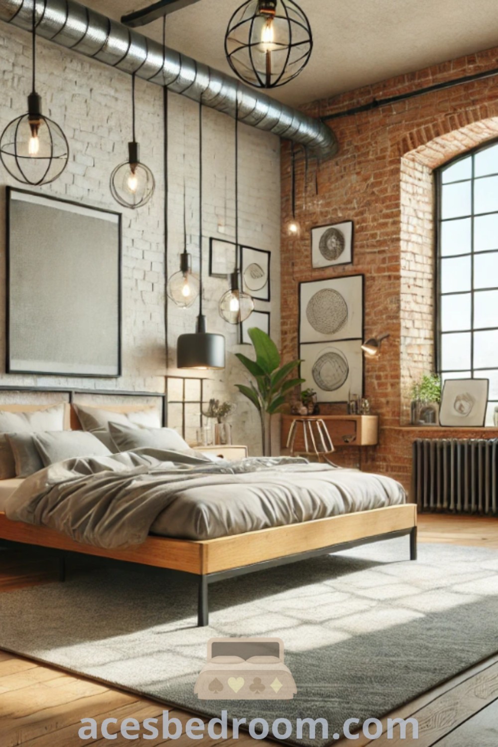 An industrial contemporary bedroom with red brick walls and wooden floors, featuring a minimalist wooden bed and cozy decor ideas. This inspiring design offers unique decor inspirations for a warm and stylish home. Find more designs at acesbedroom.com.