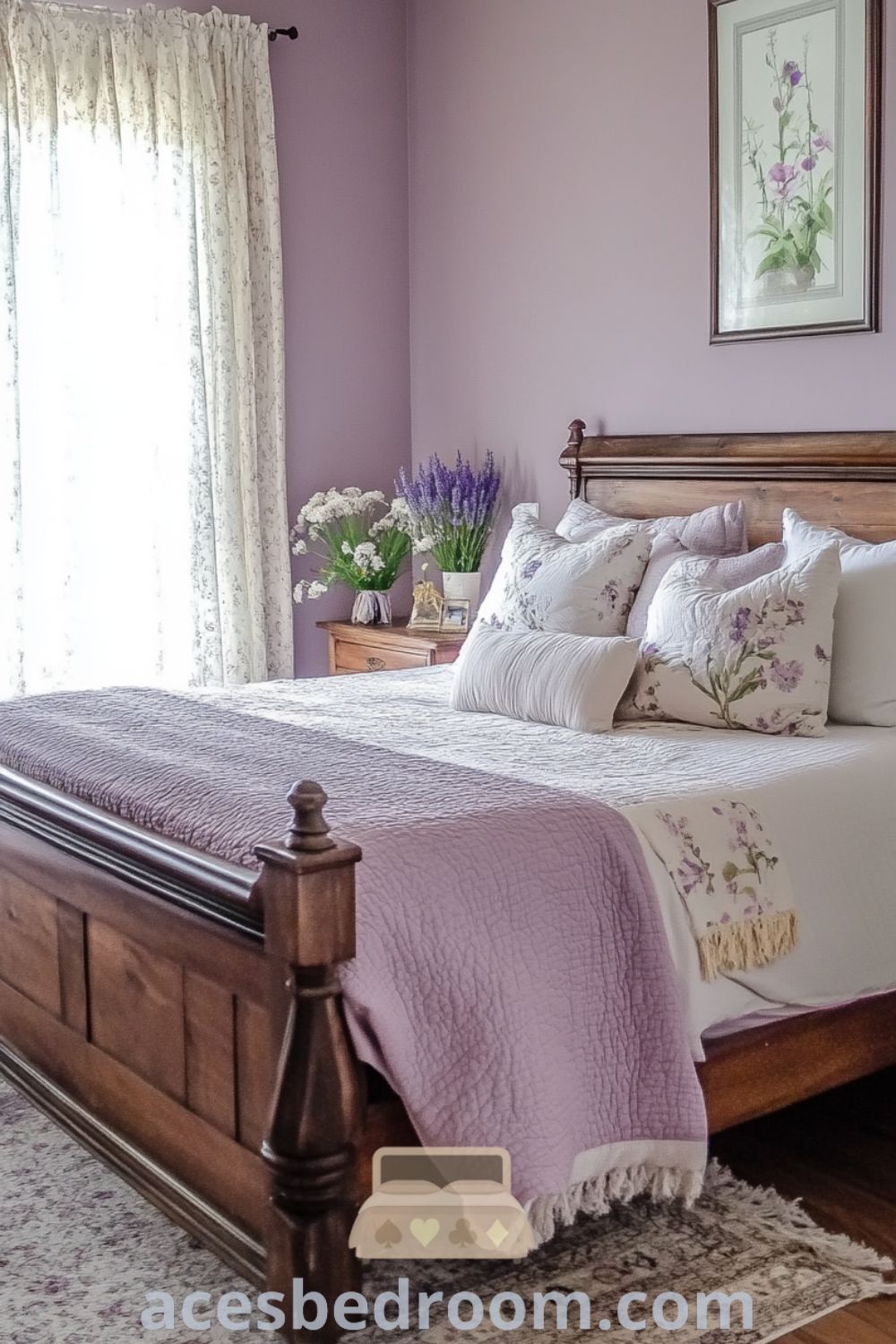 Charming French Country Bedroom on acesbedroom.com showcasing cozy ideas with soft purple walls, vintage decor inspirations, and rustic charm for a warm and sophisticated look.