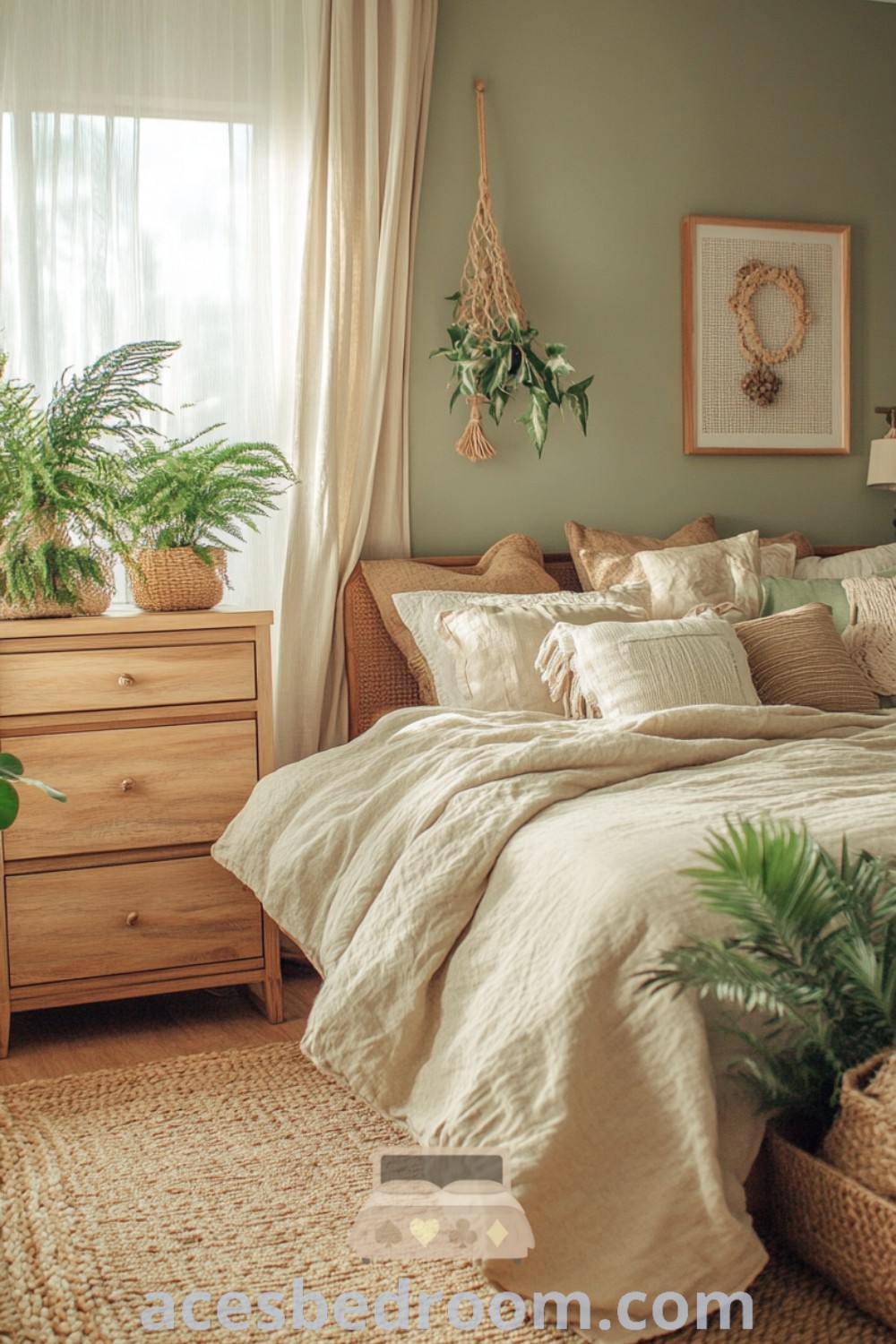 A cozy and peaceful bedroom featuring a bed, dresser, and potted plants, showcasing an earthy color palette for a calming atmosphere. Explore design ideas that promote tranquility and comfort, perfect for transforming your space at acesbedroom.com.
