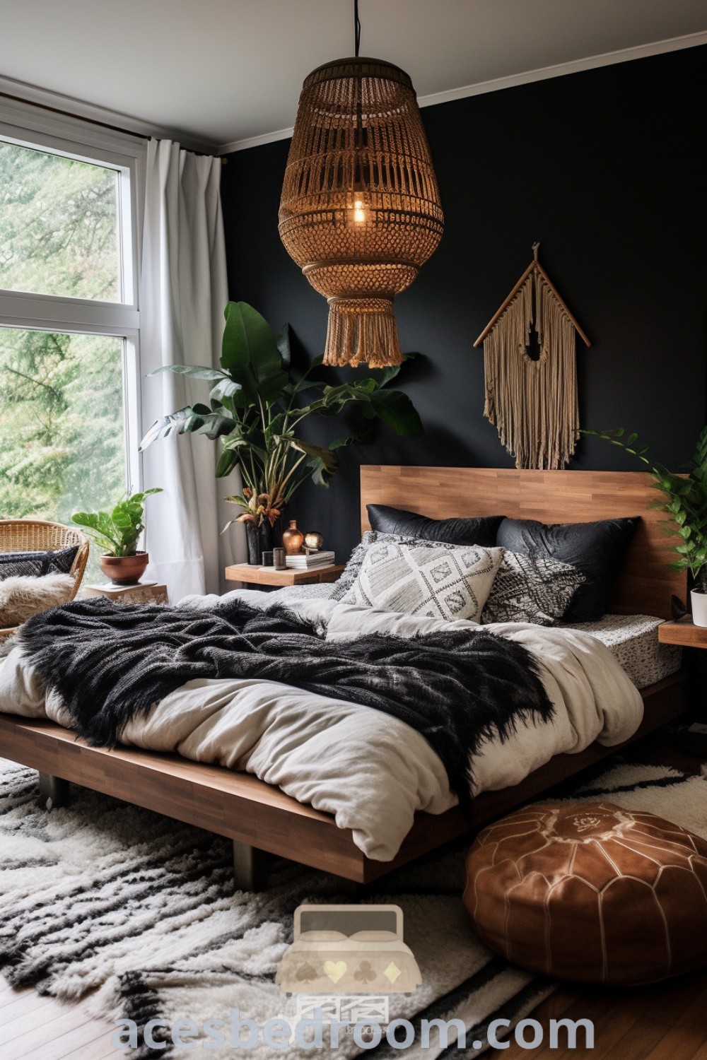 A cozy moody modern boho bedroom featuring black walls, white and brown bedding, and plants in the corner, providing design ideas for a warm and sophisticated look. Explore more inspiring decor ideas for your home at acesbedroom.com.