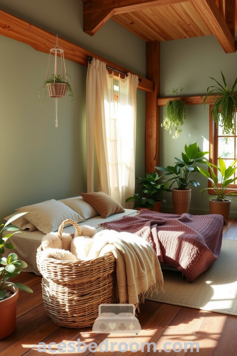 Cozy nature-inspired bedroom featuring soft sage green walls, wooden accents, earthy throws, and vibrant potted plants, designed for a tranquil retreat that calms the mind and enhances relaxation, showcased on acesbedroom.com.