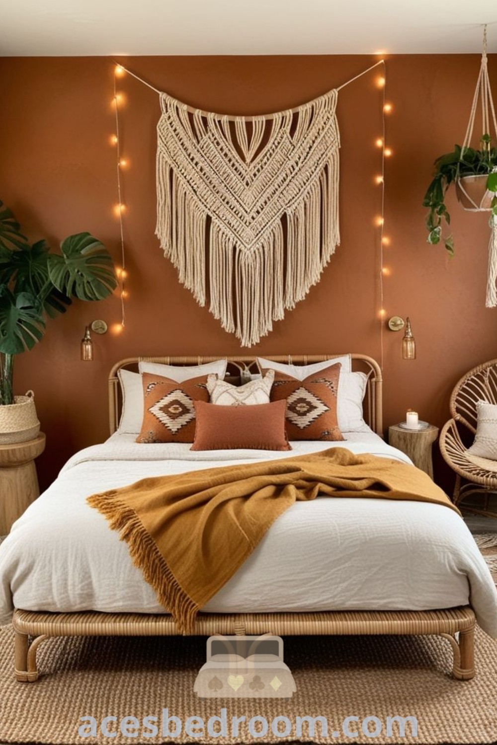 An eclectic bohemian bedroom featuring a rattan bed frame, soft off-white linens, and a mustard throw, adorned with earthy decor including terracotta walls and layered jute rugs. This cozy space, influenced by boho style and natural textures, offers inviting design ideas for a warm home. Discover more inspiring decor ideas at acesbedroom.com.