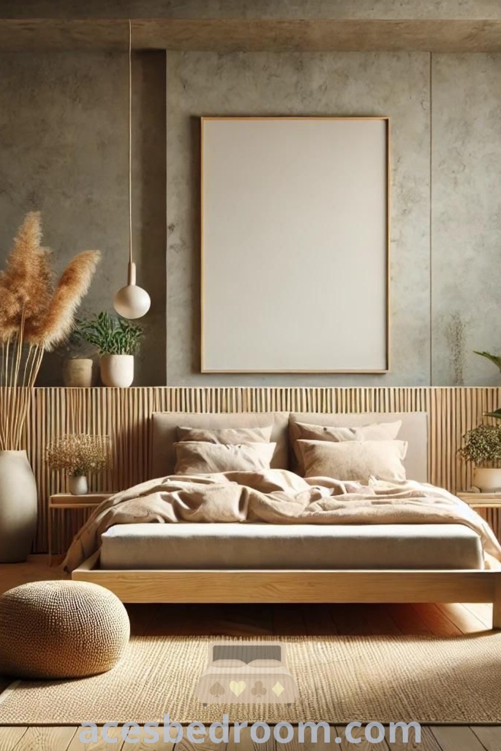 An earthy toned bedroom showcasing a bed next to a window with plants, emphasizing a calm and inviting decor. This cozy aesthetic features earth tones, white bedding, and a minimalist design, offering unique bedroom decor ideas for a warm and sophisticated look. Explore more inspirations at acesbedroom.com.