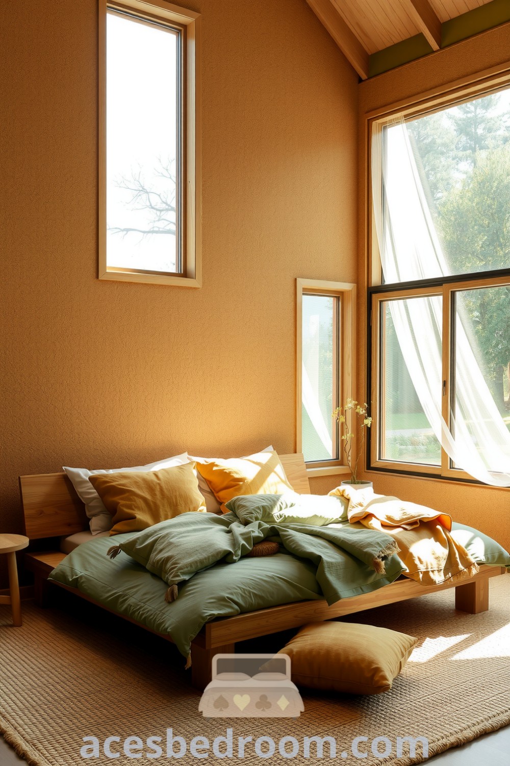 Cozy nature-inspired bedroom with wooden accents, soft green hues, linen bedding in moss and cream, and a woven rug, featuring abundant natural light creating a warm ambiance, showcased on acesbedroom.com.