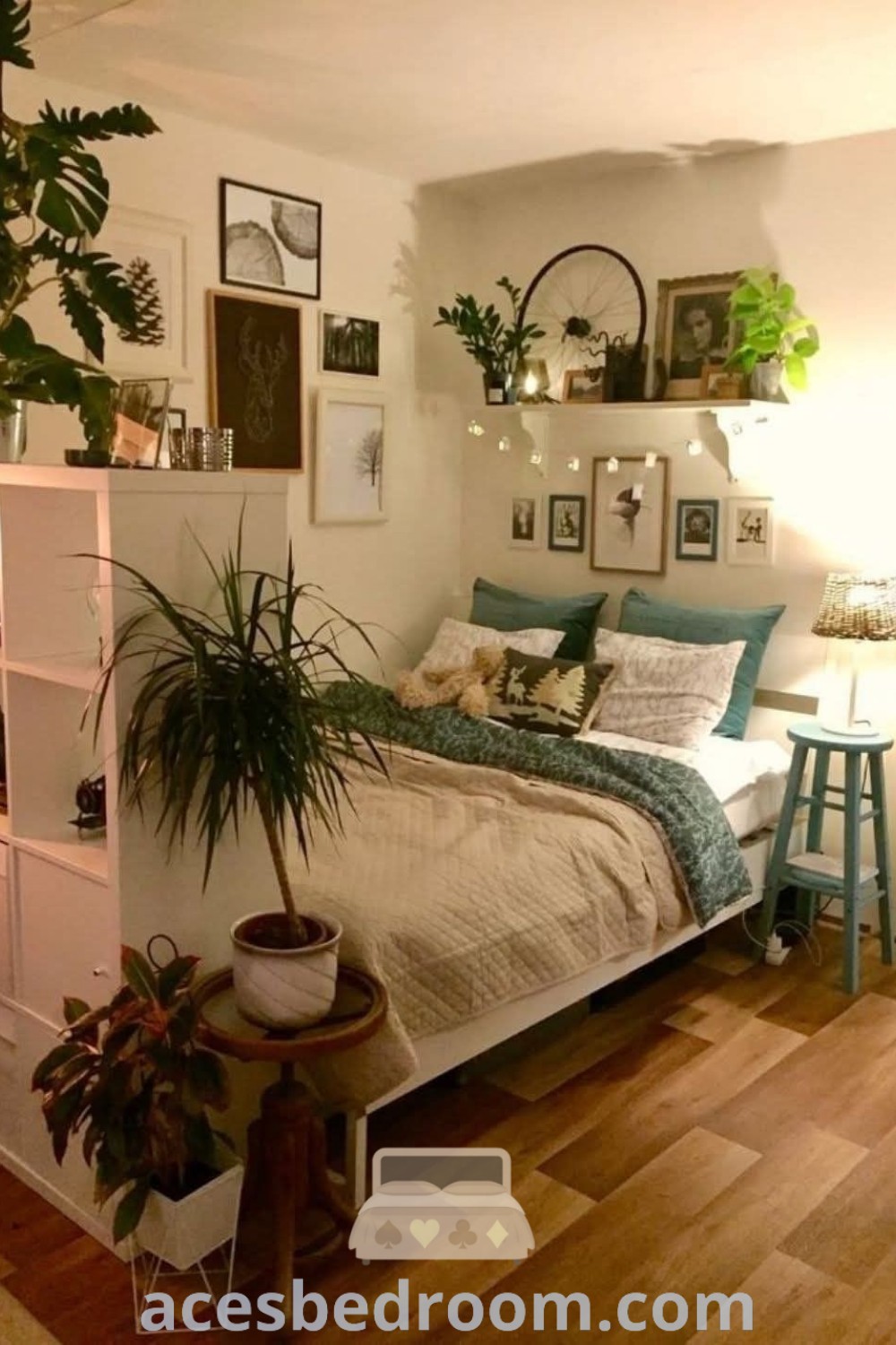 A cozy small bedroom with a neatly made bed surrounded by plants, showcasing stylish decor ideas for studio apartments. Discover practical and aesthetic inspirations for cozy living spaces at acesbedroom.com.