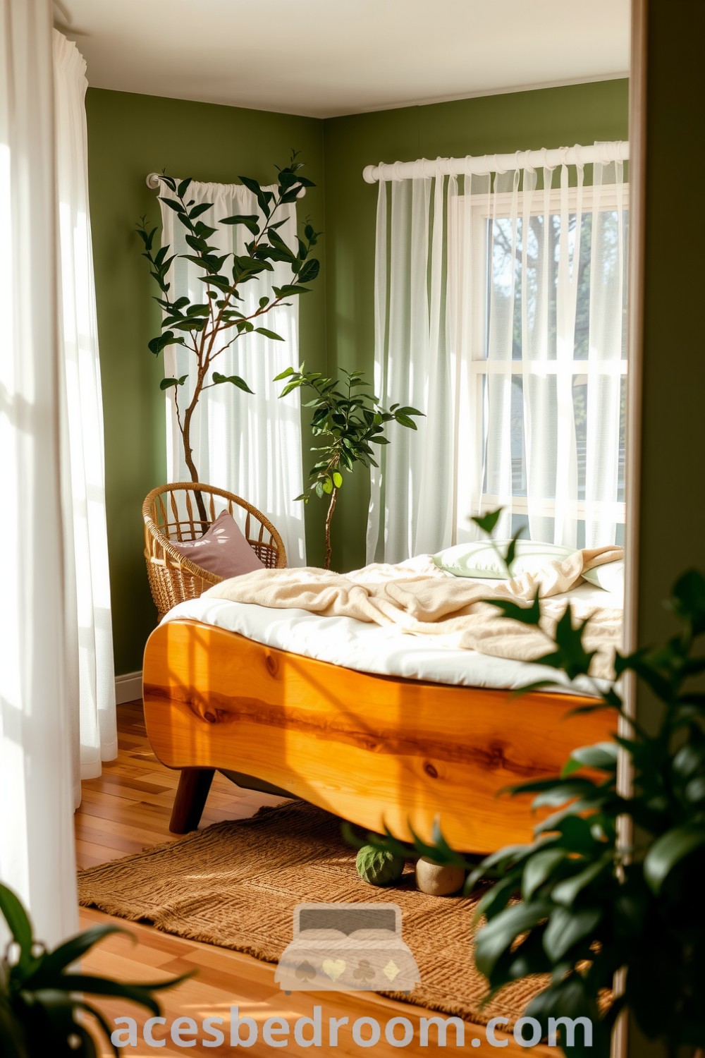 Cozy nature-inspired bedroom featuring soft forest green walls, a handcrafted wooden bed with cream and sage blankets, sheer linen curtains, and vibrant potted plants, creating a serene ambiance, showcased on acesbedroom.com.
