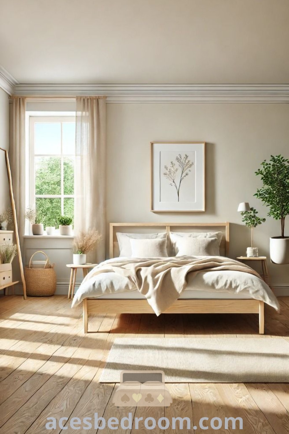 A cozy Scandinavian bedroom with white walls, wooden floors, and a bed near an open window, showcasing light wood accents and minimalist decor. Perfect for a tranquil atmosphere, this design offers unique ideas inspired by Scandinavian bedroom aesthetics. Explore more decor ideas at acesbedroom.com.