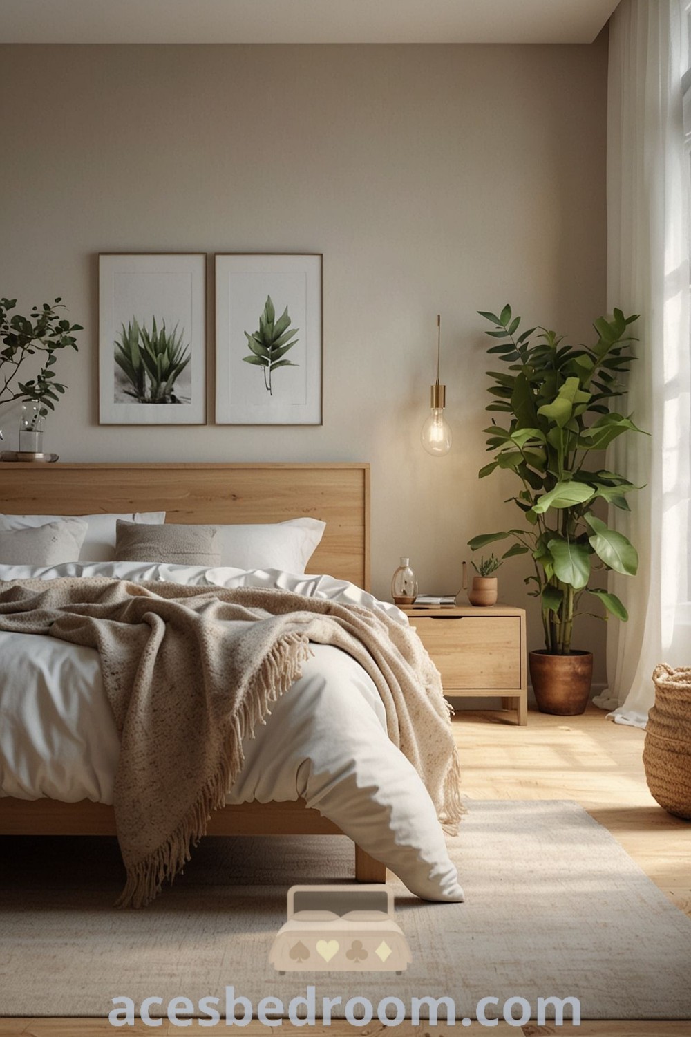 A stylish Scandinavian apartment bedroom featuring a large bed, light wood furniture, and a cozy aesthetic next to a window adorned with art. This design showcases unique ideas for a peaceful ambiance and incorporates elements that enhance home decor. Find more design inspirations at acesbedroom.com.