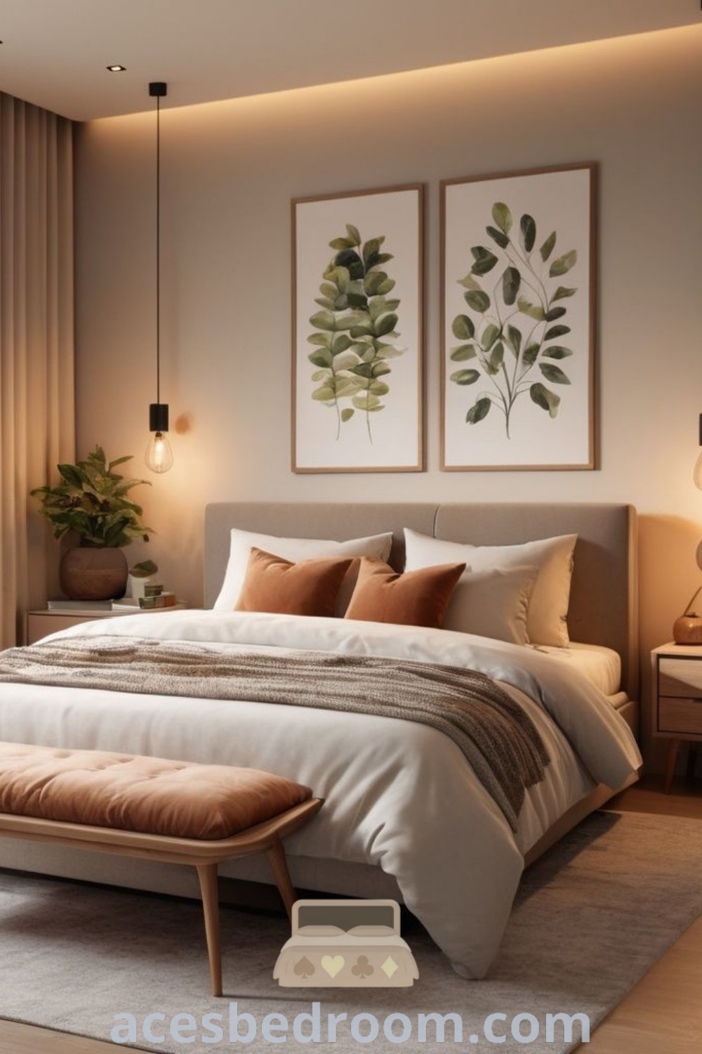 A cozy bedroom showcasing a large bed, two plant paintings above the headboard, and a neutral color palette, reflecting minimalist boho decor and earthy tones. This inviting space provides design ideas for a warm and sophisticated look, perfect for creating a cozy home. Discover more inspirations at acesbedroom.com.