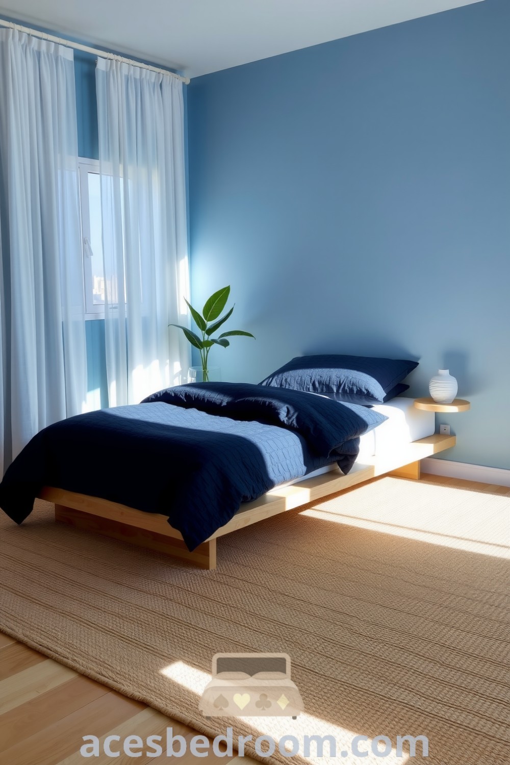 Cozy serene blue bedroom with a platform bed dressed in a navy duvet, natural light filtering through sheer curtains, and a potted plant, showcasing a tranquil and minimalist aesthetic, featured on acesbedroom.com.