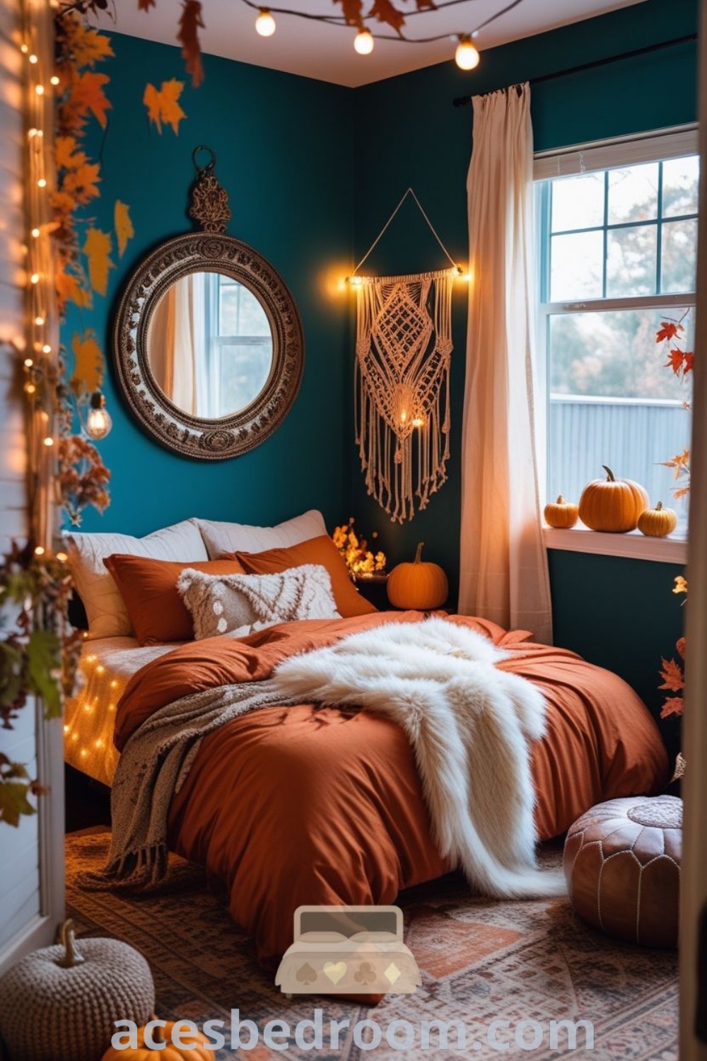A cozy bohemian bedroom with warm autumnal colors, featuring light orange and burnt orange accents, textured fabrics, a fall leaves garland, and pouf ottomans. This inspiring space offers unique decor ideas and stylish touches for a warm and sophisticated look, ideal for creating a cozy home atmosphere. Discover more at acesbedroom.com.