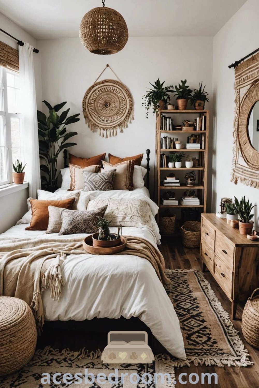 A cozy boho bedroom featuring a neatly made bed surrounded by various plants, showcasing aesthetic neutral room decor and unique storage solutions. This image highlights design ideas for small boho rooms, offering cozy inspirations that encourage a warm and sophisticated look. Discover trendy ideas for your home at acesbedroom.com.