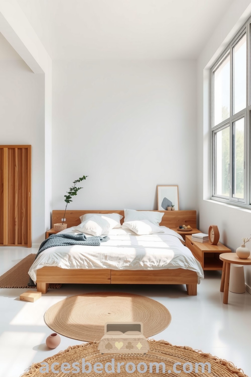 Serene Japandi bedroom featuring a low-profile oak bed, soft muted linens, earthy ceramic accents, and a woven jute rug, designed for a cozy aesthetic and tranquil atmosphere, showcased on acesbedroom.com.