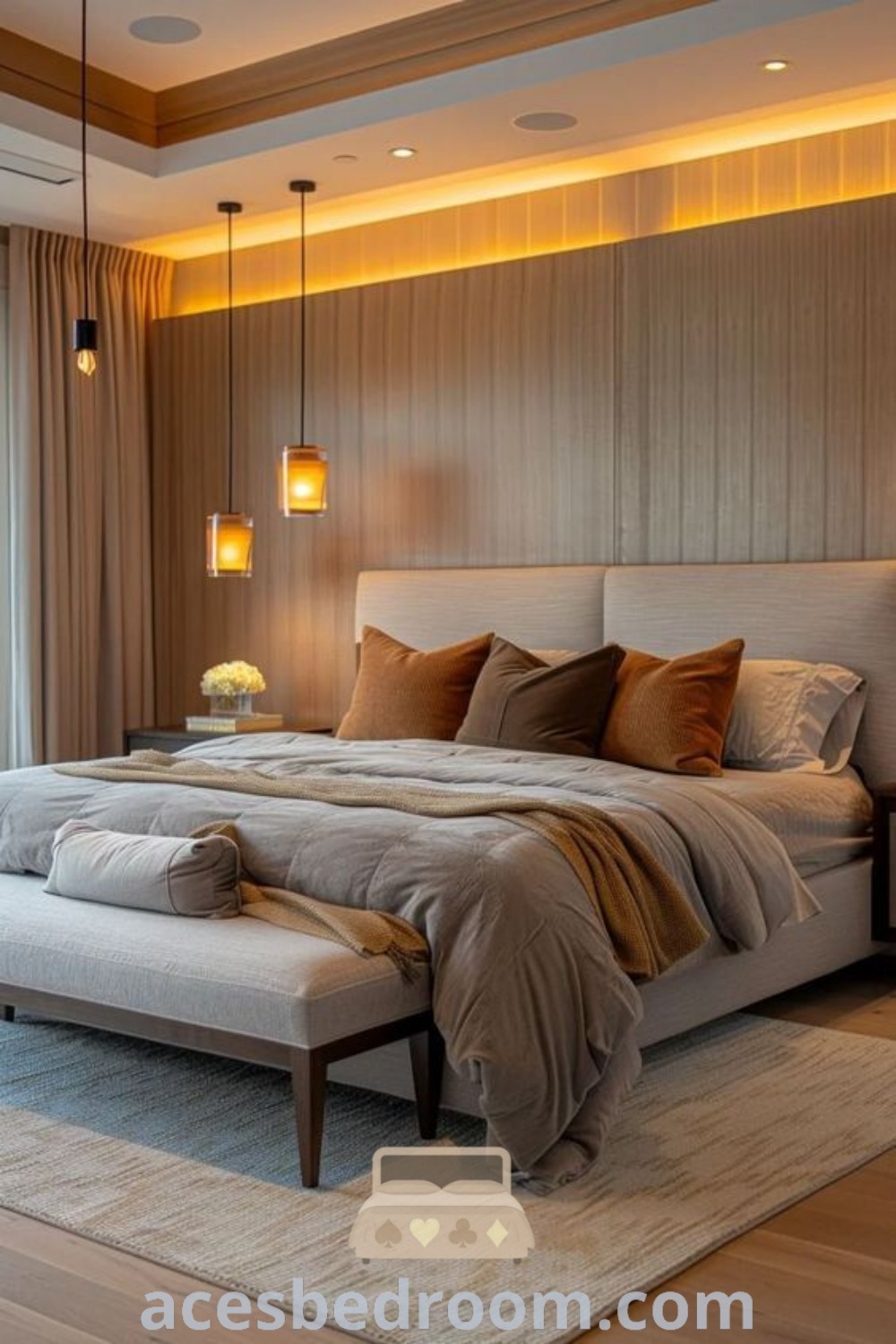 A large bed in the center of a modern organic bedroom with a tall glass window, showcasing contemporary decor ideas and inspirations. The room reflects a cozy home aesthetic with functional design elements, offering unique ideas for a stylish and calming primary bedroom at acesbedroom.com.