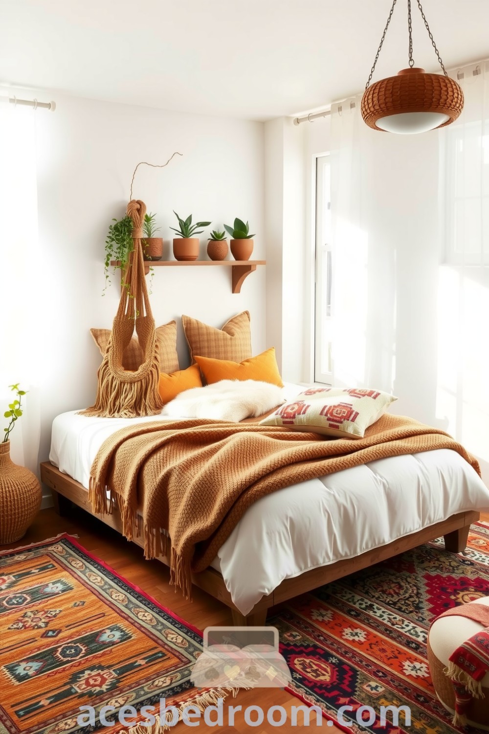 Cozy boho bedroom featuring a distressed wooden bed frame, oversized macramé throw, earthy pillows, vintage rugs, and vibrant potted plants, illuminated by sunlight through gauzy curtains, presented on acesbedroom.com.