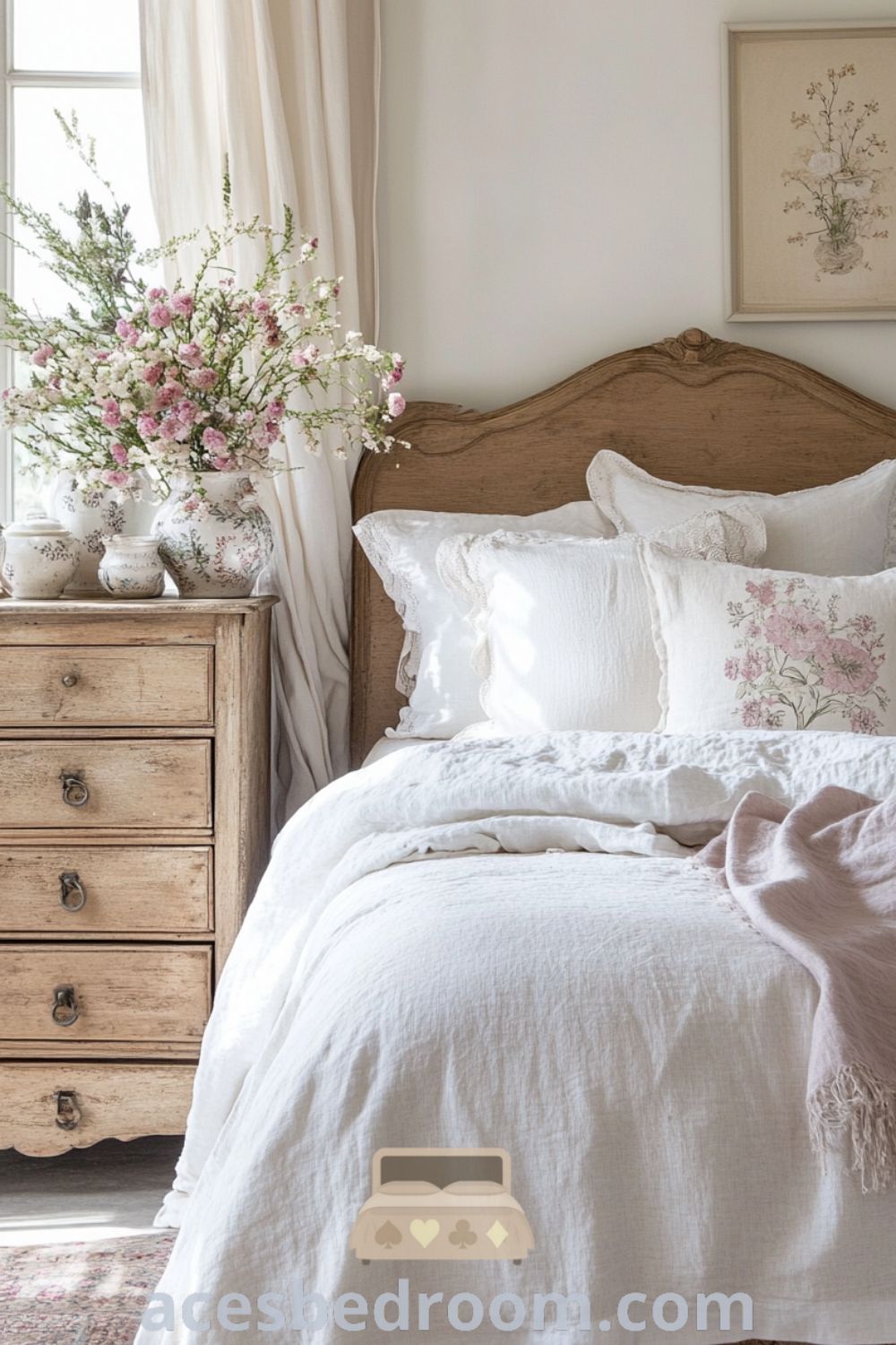 Cozy French country bedroom adorned in soft pink hues with creamy white linens, rustic wooden bed frame, vintage dresser, ceramic trinkets, and sheer curtains, showcasing design ideas and decor inspirations for a warm and sophisticated look on acesbedroom.com.