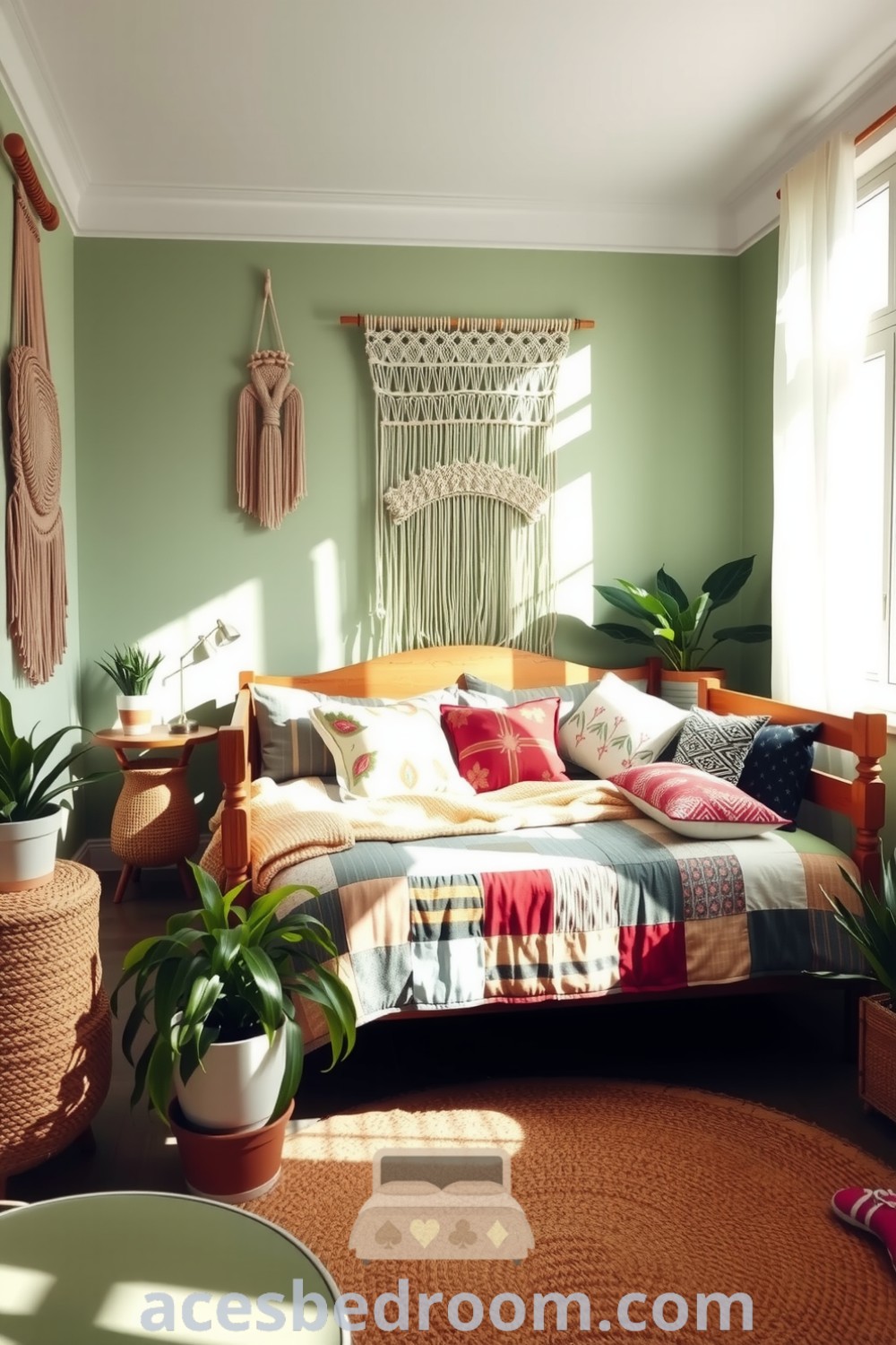 Cozy boho bedroom with soft green walls, a handcrafted wooden bed adorned with a patchwork quilt, colorful throw pillows, macrame wall hangings, and potted plants, featuring a jute rug for a cozy aesthetic, presented on acesbedroom.com.