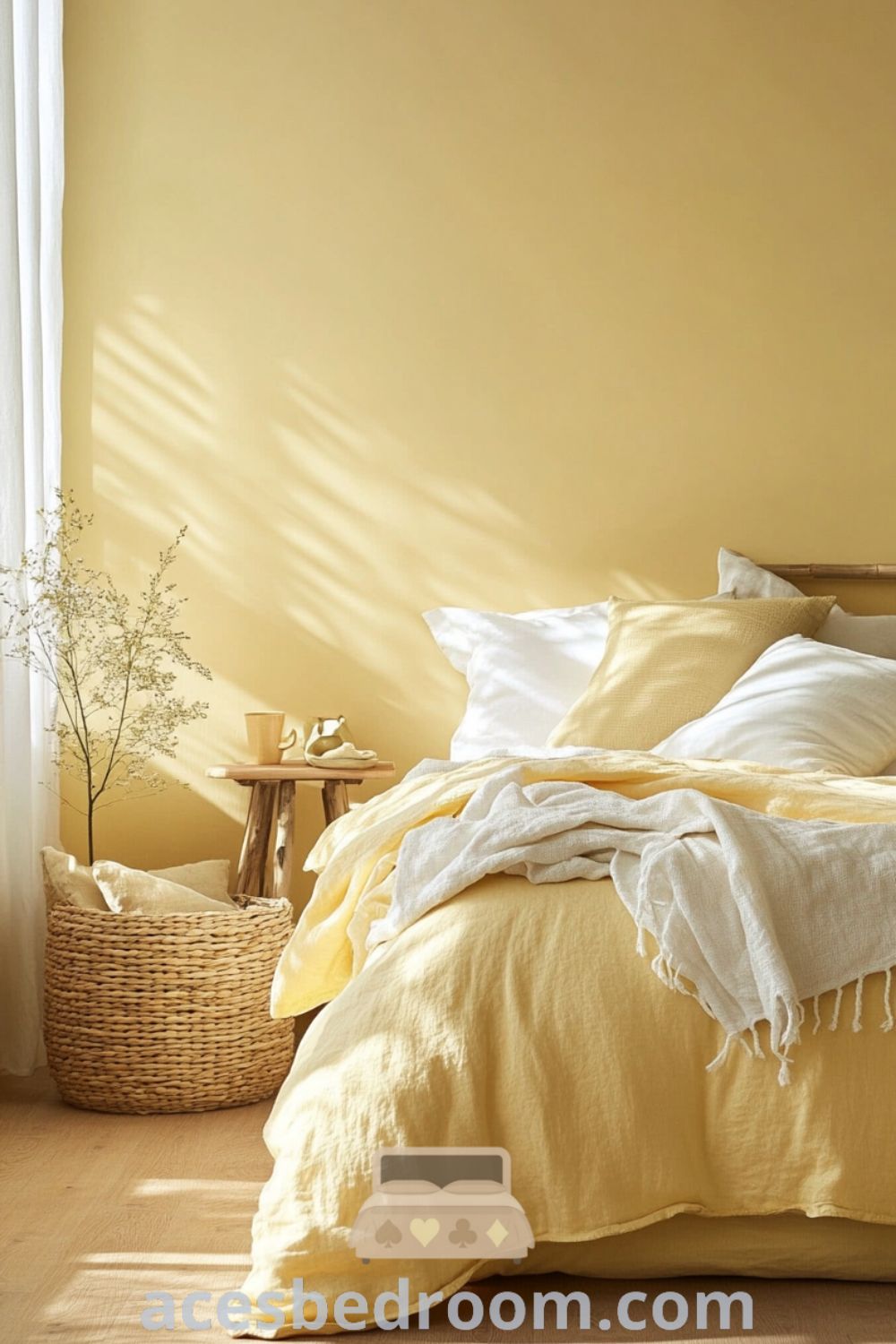 Cozy Scandinavian bedroom featuring soft yellow hues, light wood flooring, wooden bed frame with white duvet and textured pillows, woven basket, and serene natural light, perfect for those seeking stylish and inspiring design ideas for a warm and sophisticated look, showcased on acesbedroom.com.