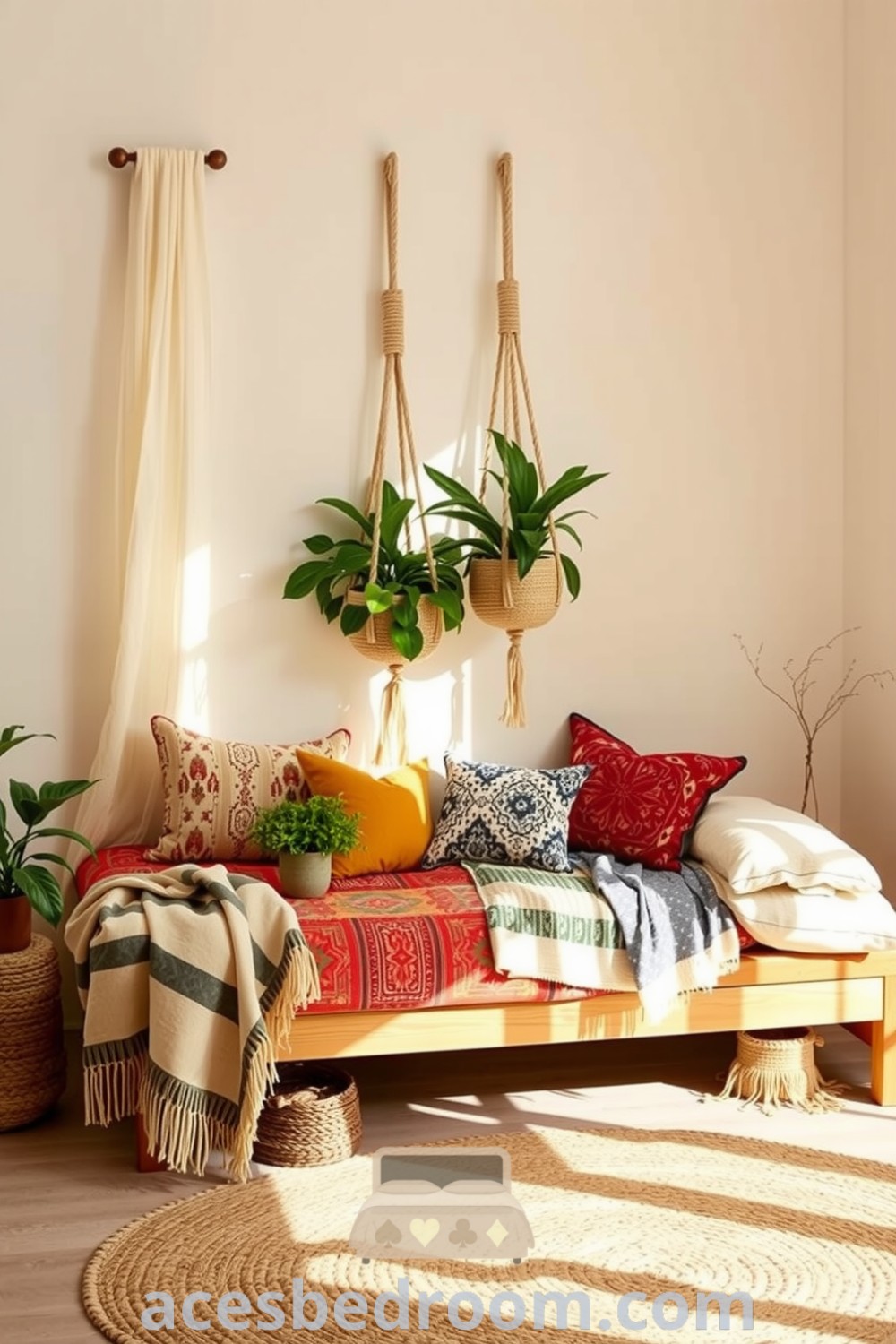 Cozy boho bedroom with soft beige walls, low wooden bed adorned with patterned throws and cushions, macramé plant hangers, and a braided jute rug that creates a warm and inviting atmosphere, featured on acesbedroom.com.