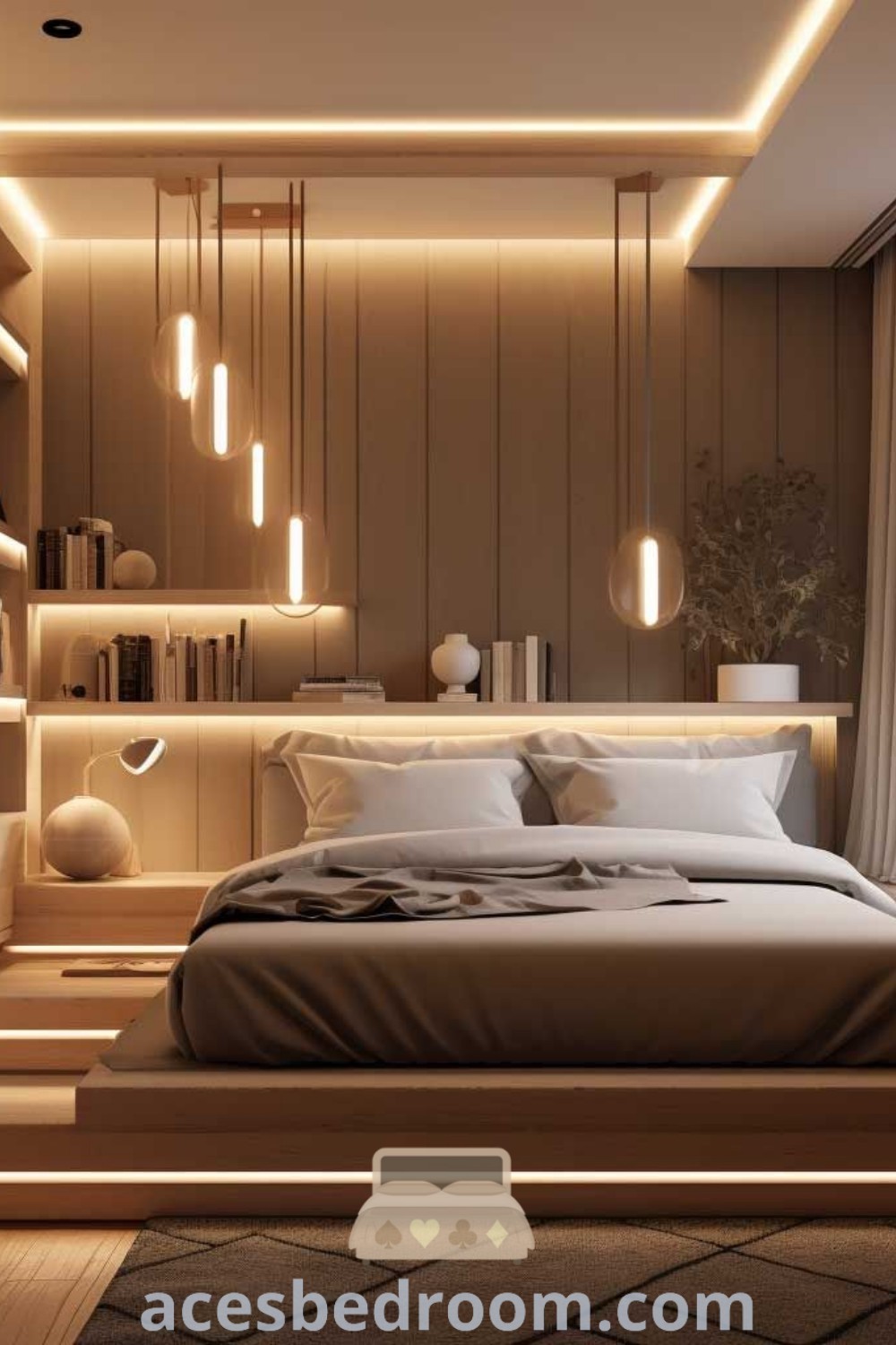 A cozy Japandi style bedroom featuring a bed next to a window, allowing natural light to fill the space. This design combines Japanese and Scandinavian aesthetics for a calming ambiance, perfect for small bedroom designs. Find more inspiring decor ideas at acesbedroom.com.