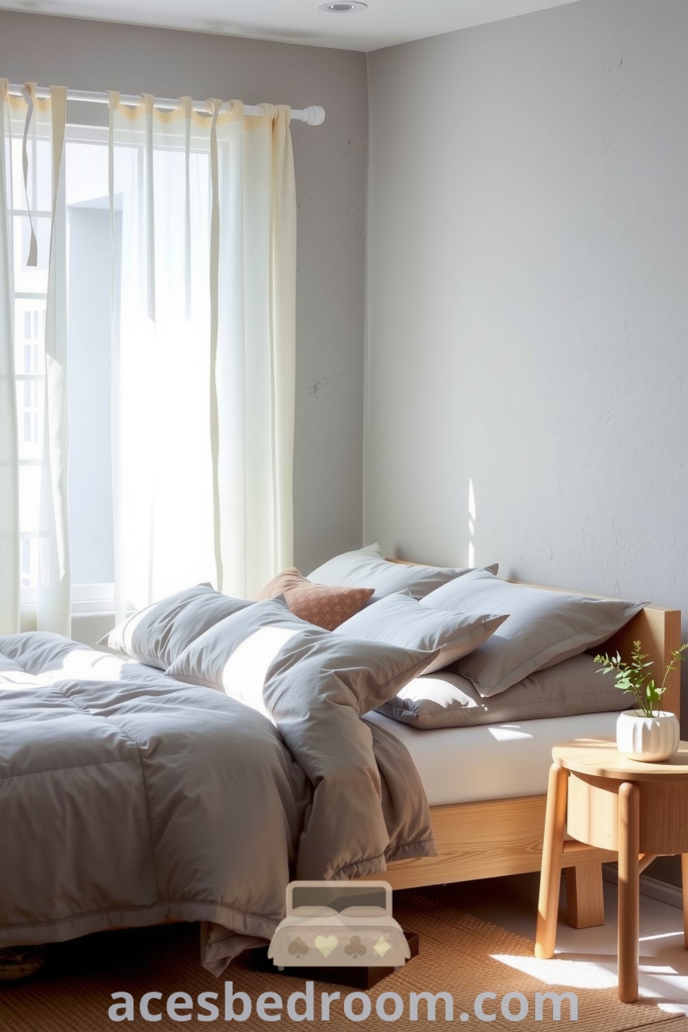 Cozy Japandi bedroom featuring a soothing grey color palette, minimalist wooden bed frame, plush duvet, and handcrafted throw pillows, enhanced by natural light and adorned with a potted plant on a wooden nightstand, presented on acesbedroom.com.