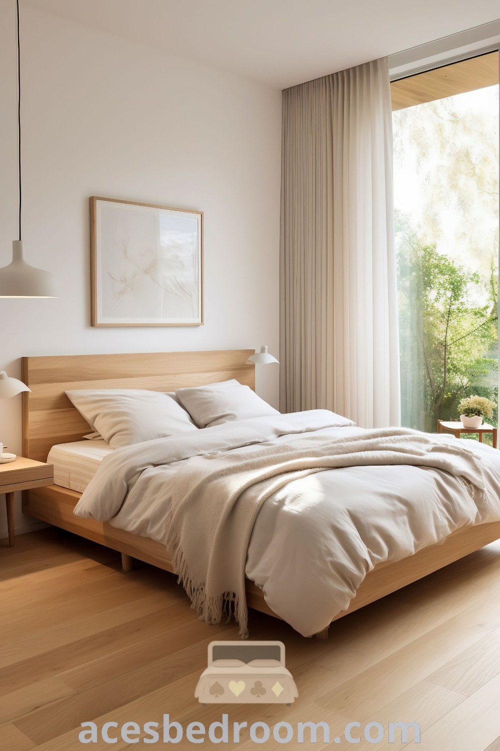 A tranquil small modern bedroom featuring a minimalist wooden bed frame, neutral white and beige tones, and unadorned walls. This cozy space offers Zen style and Nordic bedroom design inspirations, perfect for creating a warm and sophisticated look. Discover more design ideas for your home at acesbedroom.com.