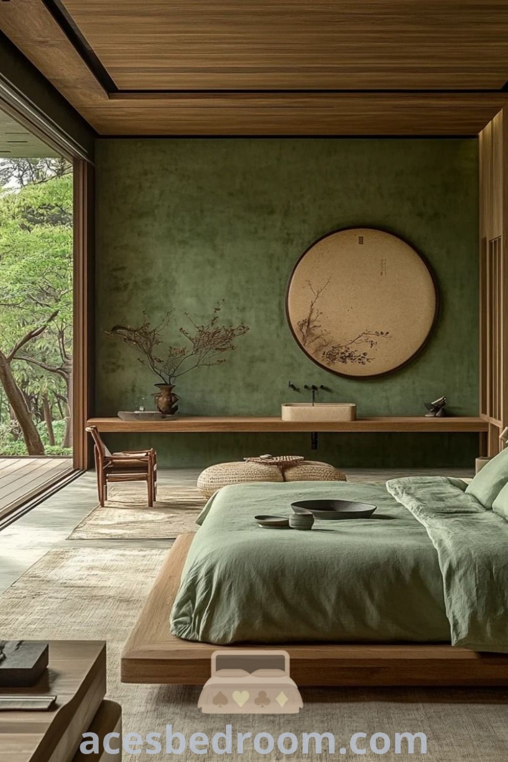 A cozy Japanese bedroom showcasing a relaxing bed next to a wooden table and curtained window, embodying earthy Japanese and Zen design ideas. This inviting space offers unique decor inspirations perfect for a warm and sophisticated look, as highlighted on acesbedroom.com.