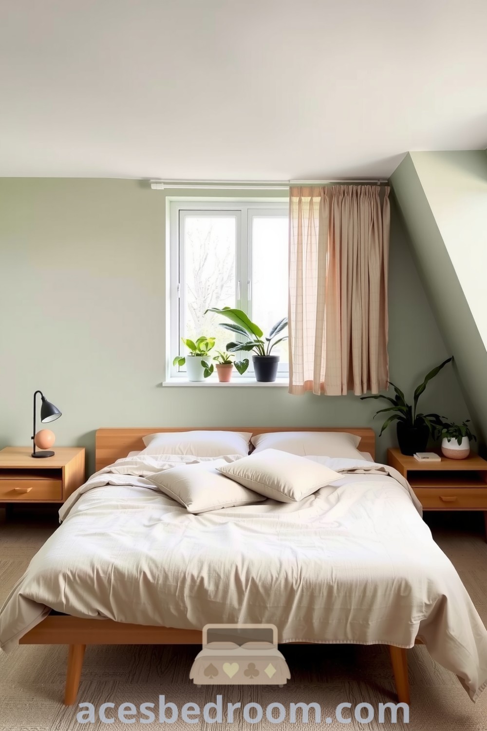 Cozy Japandi bedroom with soft green walls, natural wood furniture, neutral linen bedding, and indoor plants, showcasing a serene and minimalist design for a warm and sophisticated look, featured on acesbedroom.com.