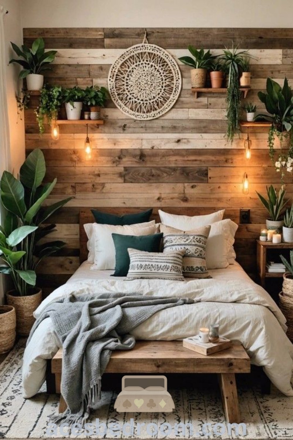 A cozy boho bedroom showcasing a bed with plants on the headboard and softly lit decor ideas inspired by forest themes and rustic aesthetics. This stylish space offers unique design inspirations and tips for creating a warm and sophisticated look. Find more ideas for your home at acesbedroom.com.