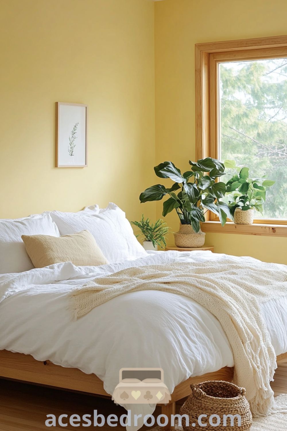Cozy Scandinavian bedroom featuring soft yellow walls, light oak furnishings, a plush bed with white linens and knit throw, natural wood window frame, minimalist decor like potted plants and woven baskets, designed for a warm and sophisticated look, showcased on acesbedroom.com.