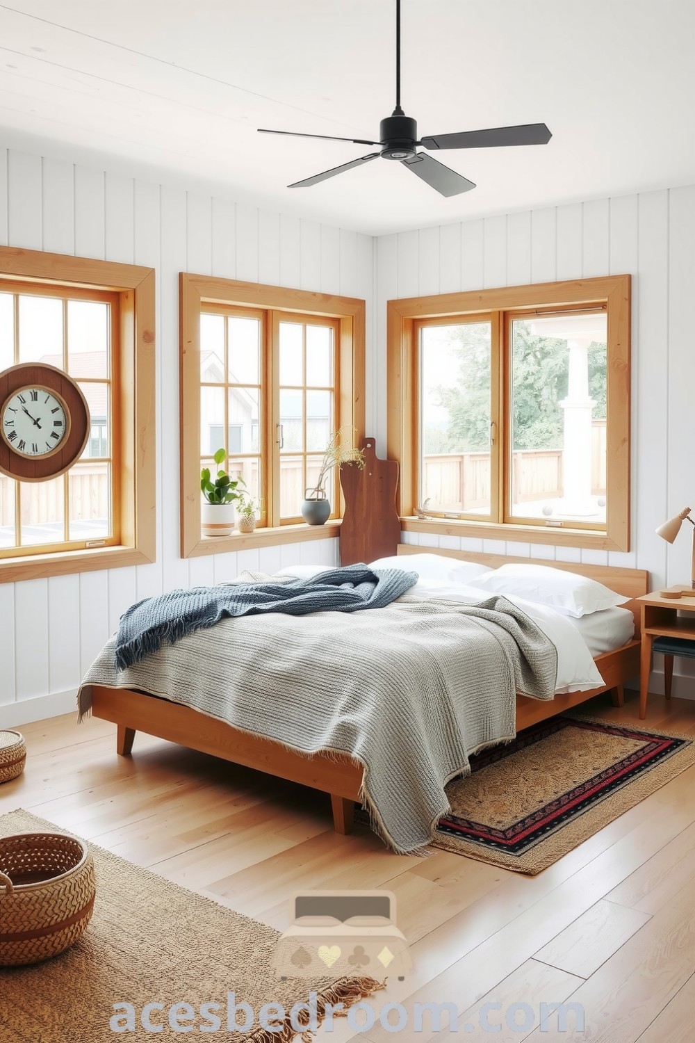 Cozy Scandinavian bedroom featuring light oak flooring, whitewashed wooden walls, a low-profile bed with a gray duvet, knitted throw, large windows, potted greenery, and a woven jute rug, designed for a warm and sophisticated look, showcasing ideas for inspiration on acesbedroom.com.