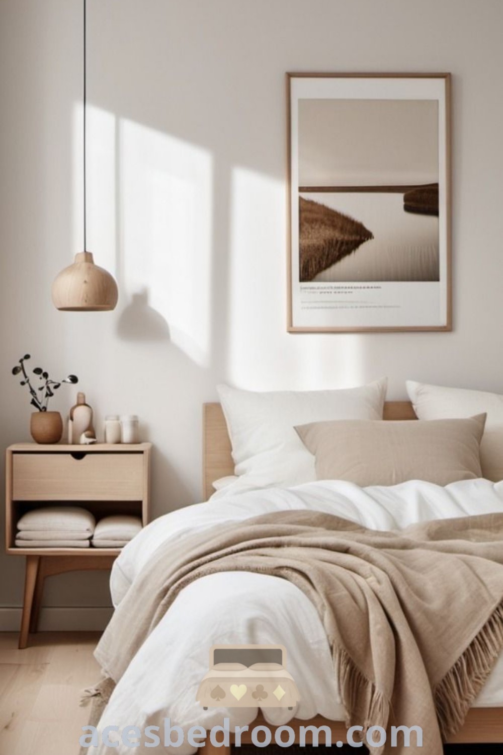 A bright Scandinavian-style bedroom featuring neutral tones, light wood furniture, and abundant natural light, showcasing cozy design ideas and minimalist decor inspirations for a stylish home. Discover more at acesbedroom.com.