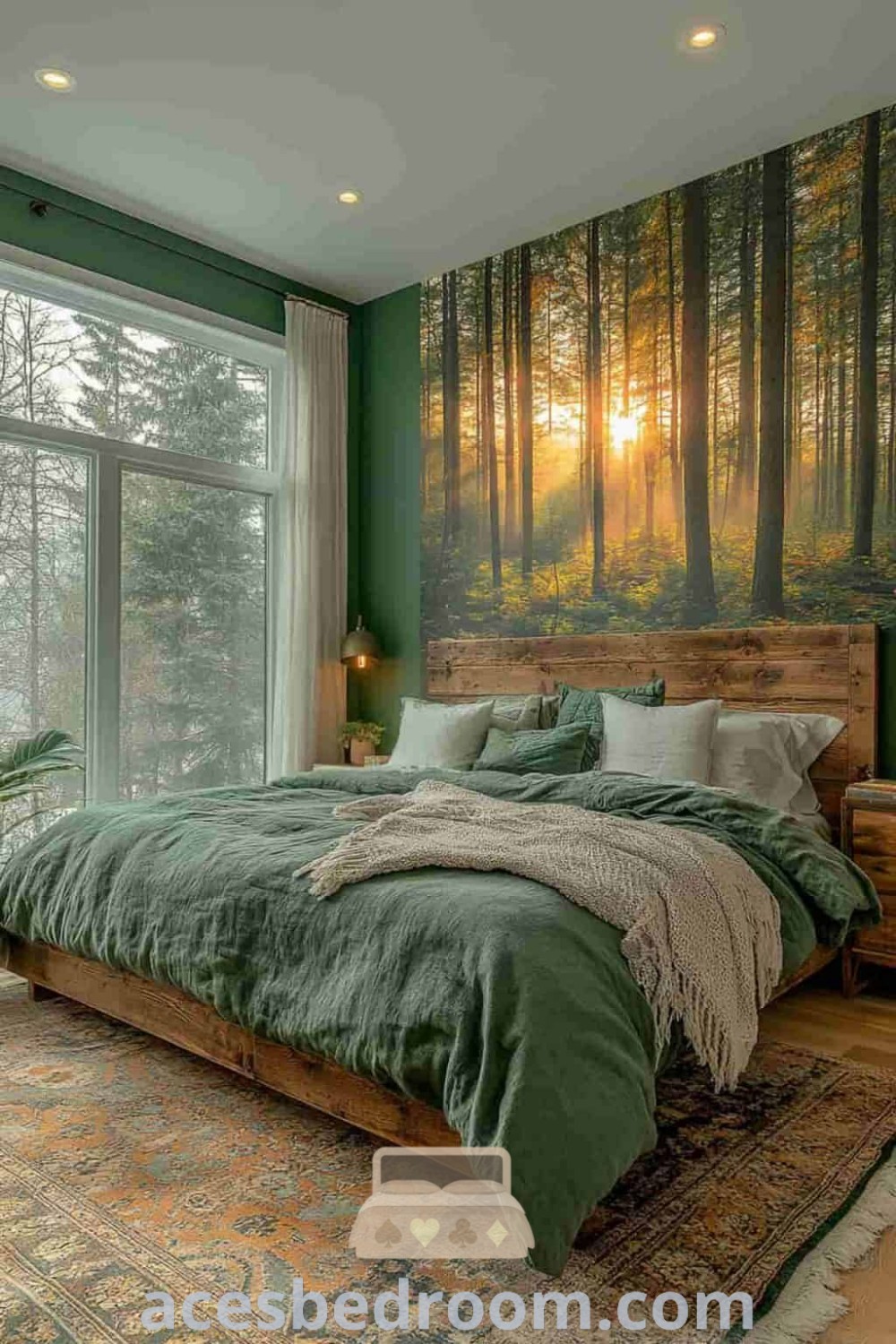 A cozy forest theme guest room featuring a large painting on the wall, green bedding, and decor ideas that invoke a tranquil, woodsy aesthetic. This design inspires calming vibes and is perfect for unique bedroom ideas, offering stylish and nature-inspired inspirations for your home. Explore more at acesbedroom.com.