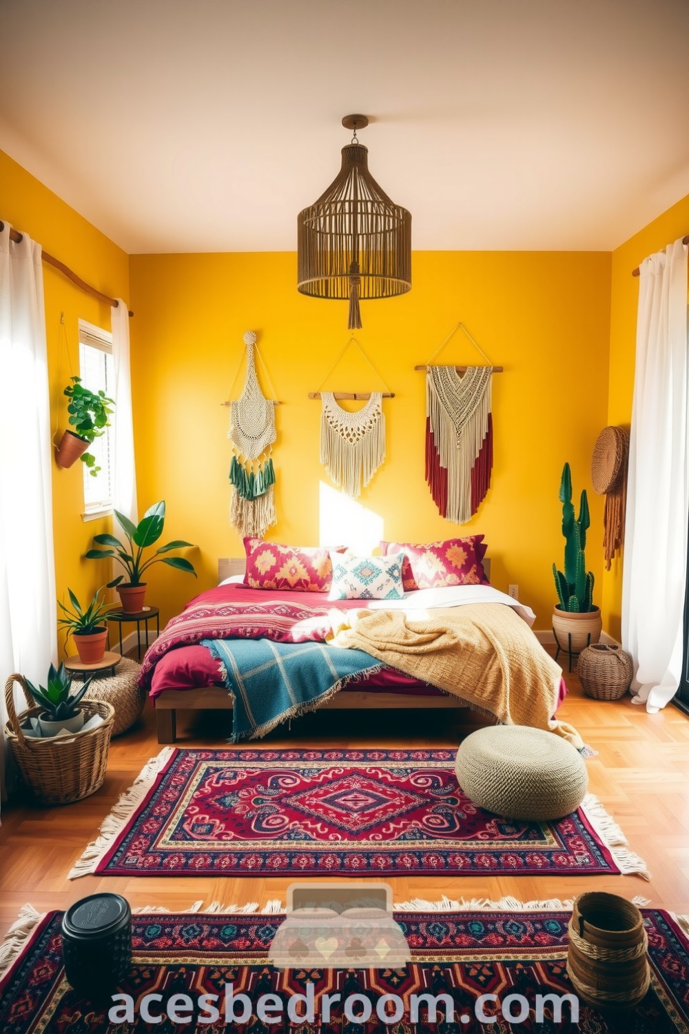 Cozy boho bedroom featuring warm yellow walls, earthy textiles, a reclaimed wood bed, vibrant throws and cushions, macramé wall hangings, and natural light for a cozy and inviting retreat, showcased on acesbedroom.com.