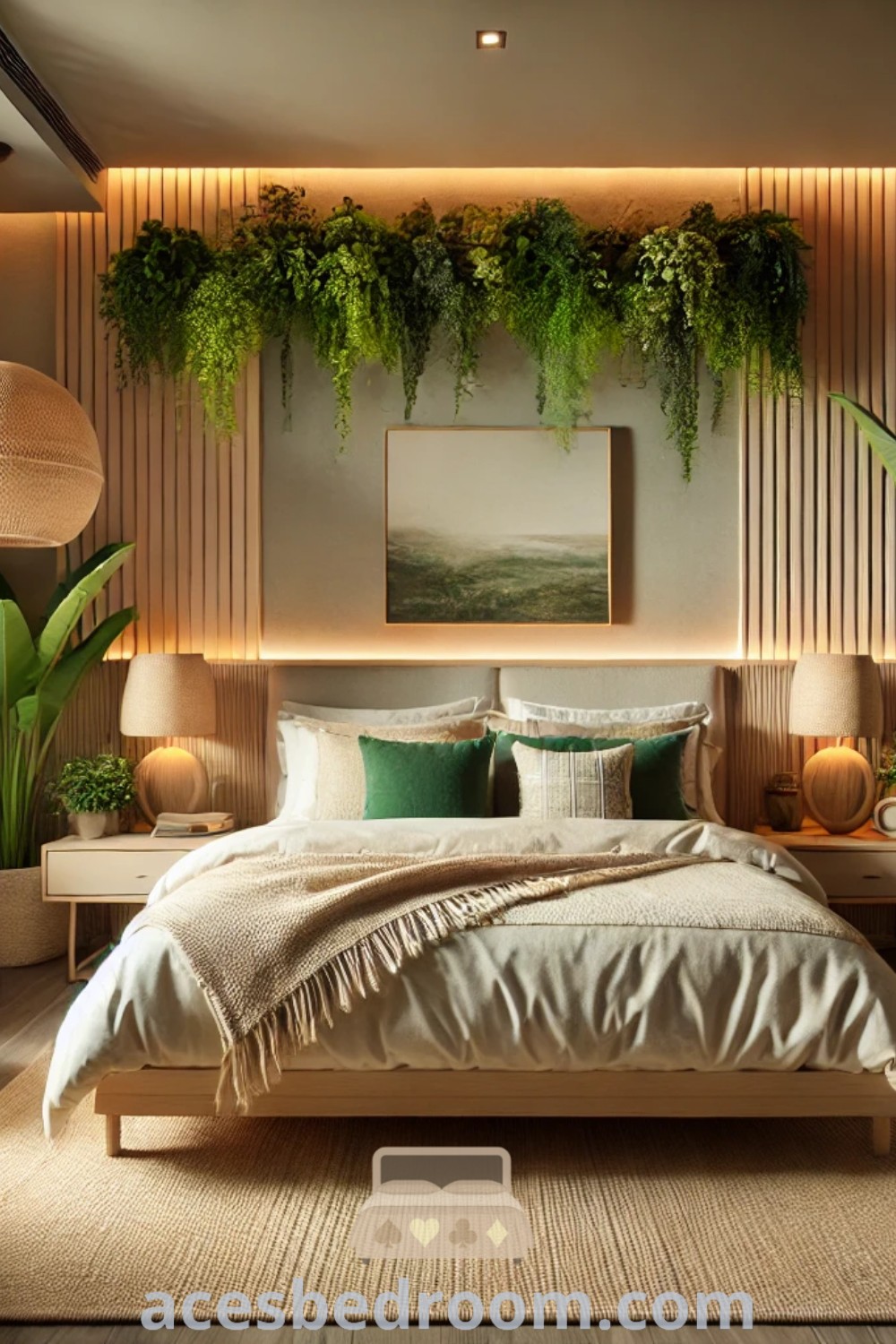 A cozy tropical bedroom with a large bed flanked by two plant-filled wall hangings, embodying modern British colonial style and biophilic design. This inspiring space offers ideas for tropical modern and minimalist interiors, perfect for creating a warm and sophisticated look. Discover more decor ideas at acesbedroom.com.