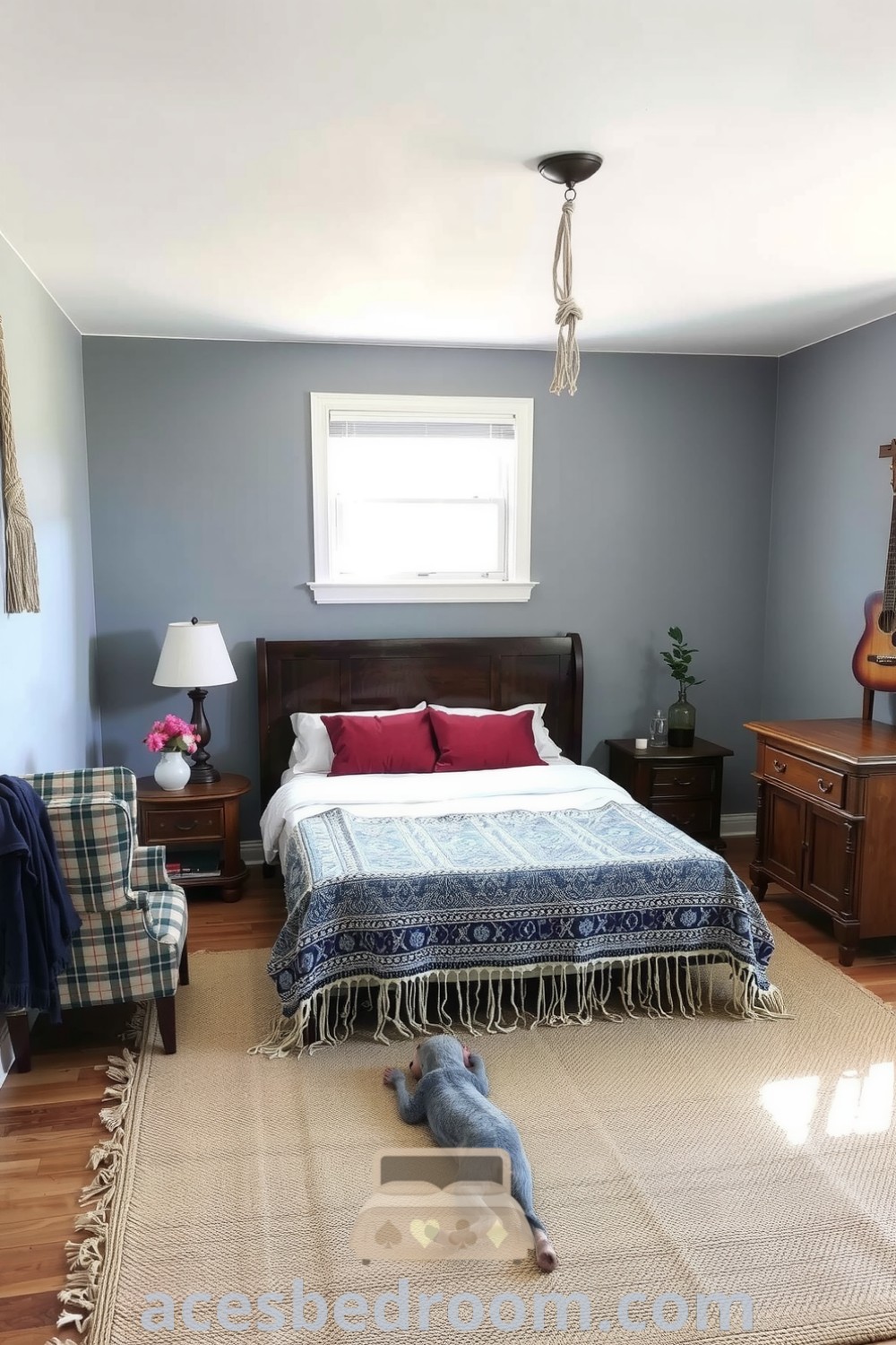 Cozy boho bedroom featuring grey walls, textured textiles, a woven rug, vintage wooden furniture, and macramé details, illuminated by natural light from an unadorned window, providing inspiring design ideas for a warm and sophisticated look, showcased on acesbedroom.com.