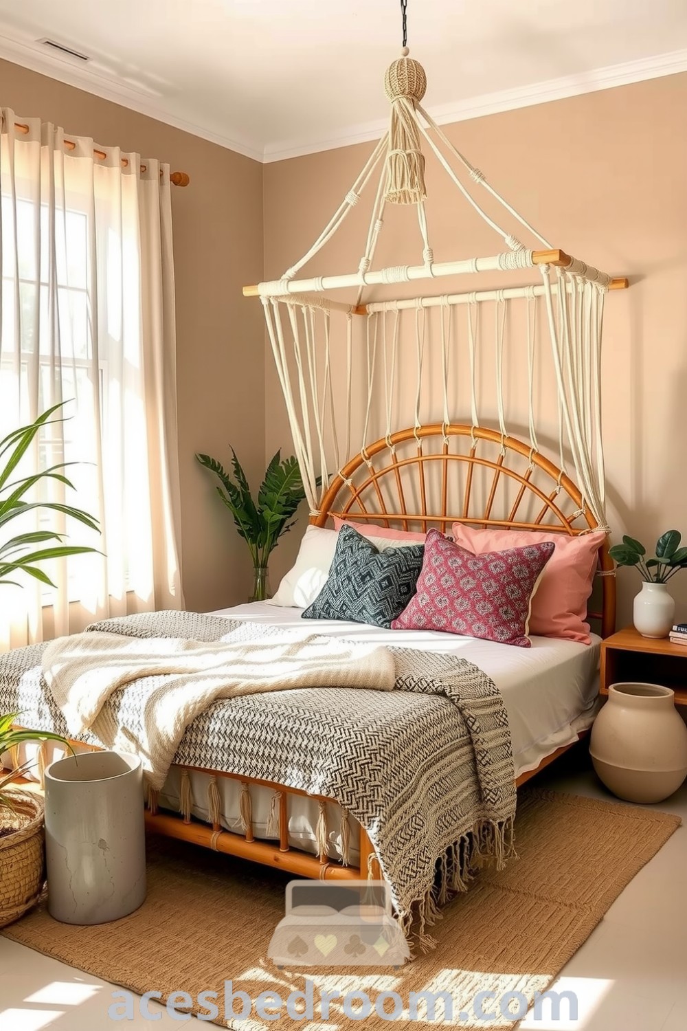 Cozy boho bedroom featuring beige walls, a rattan bed frame with a macramé canopy, layered textiles, and greenery in ceramic pots, enhanced by sunlight through sheer curtains, showcasing design ideas for a warm, inviting atmosphere on acesbedroom.com.