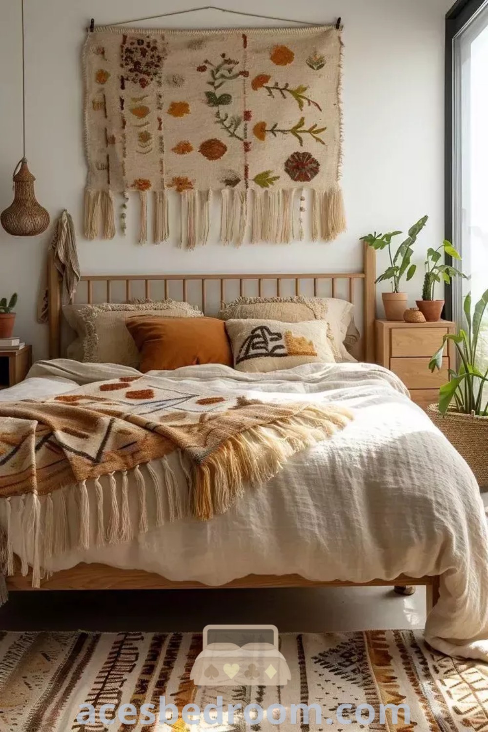 A boho chic bedroom with a cozy bed positioned next to a window, surrounded by potted plants, showcasing earthy textures and orange decor ideas for a warm and sophisticated look. Discover more inspiring designs for your home at acesbedroom.com.