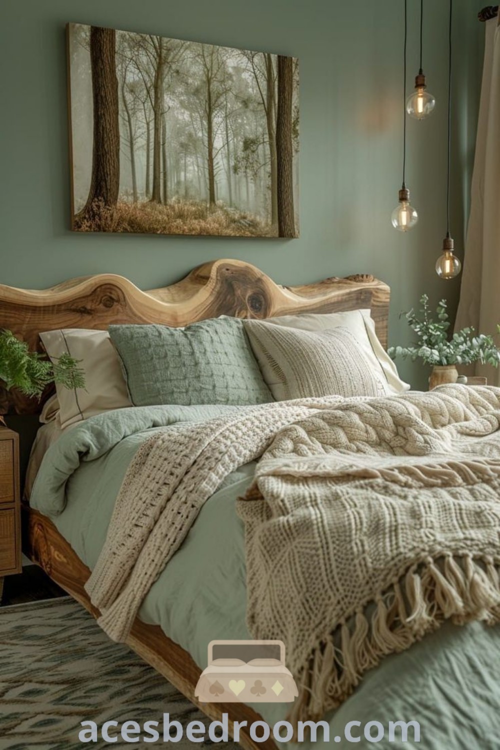A cozy bedroom with sage green walls and a wooden headboard, illuminated by hanging lights, showcasing green and beige decor ideas. This serene space provides inviting design inspirations for a warm and stylish haven. Find more cozy ideas at acesbedroom.com.