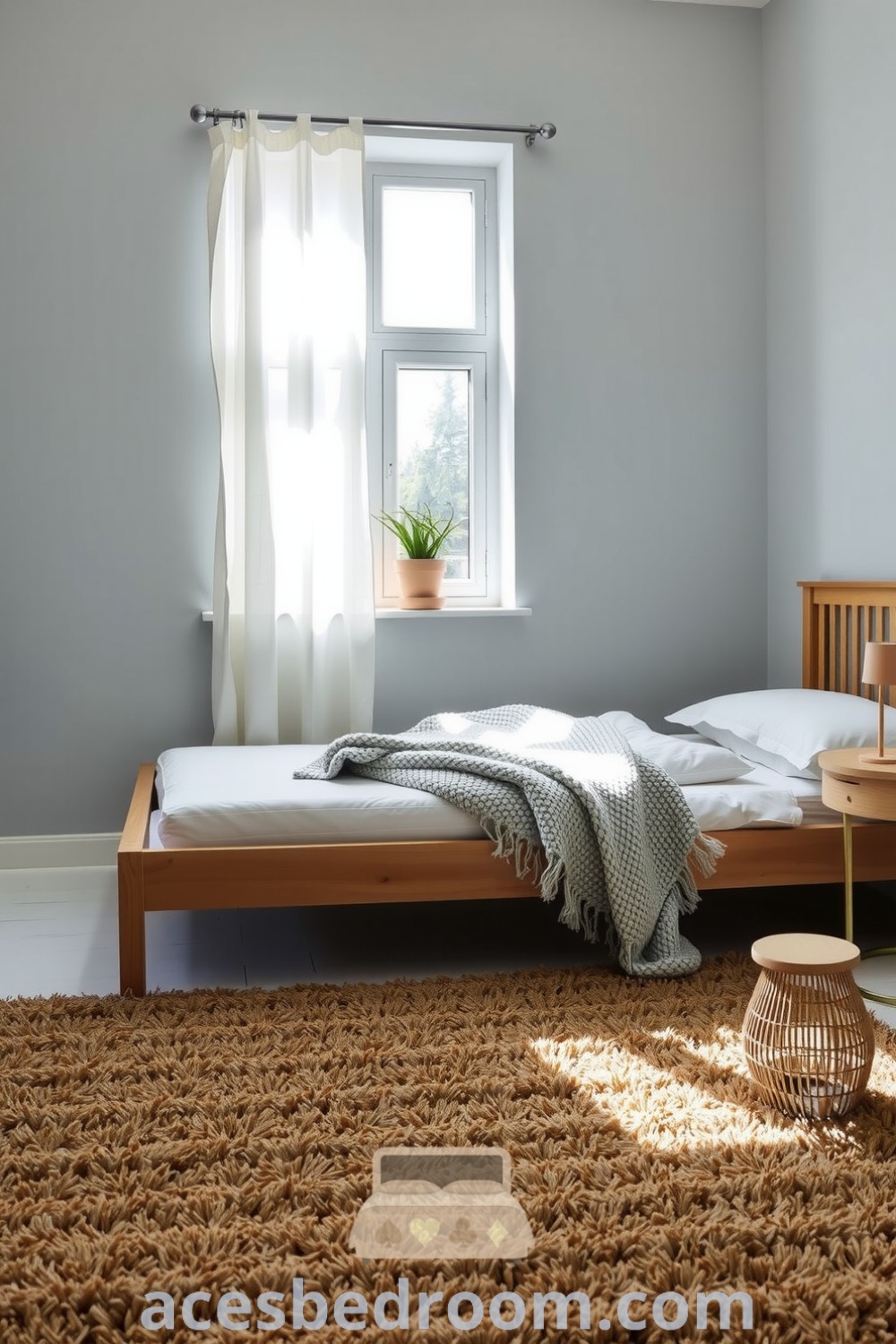 Cozy Scandinavian bedroom featuring soft gray walls, minimalist oak furnishings, white linens, a chunky knit throw, and natural light from sheer curtains, creating a warm and inviting atmosphere, showcased on acesbedroom.com.