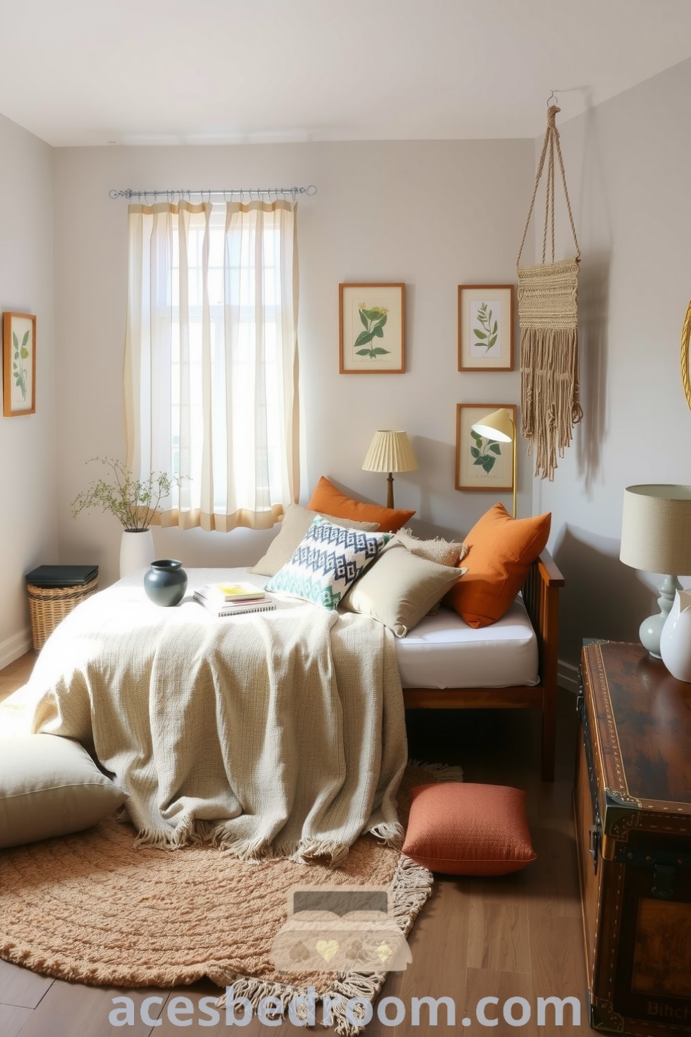 Boho bedroom featuring soft grey walls, a low wooden bed adorned with patterned throw pillows, a cozy rug, framed botanical prints, macramé hangings, and natural light, showcasing inspiring decor ideas for a warm and sophisticated look on acesbedroom.com.