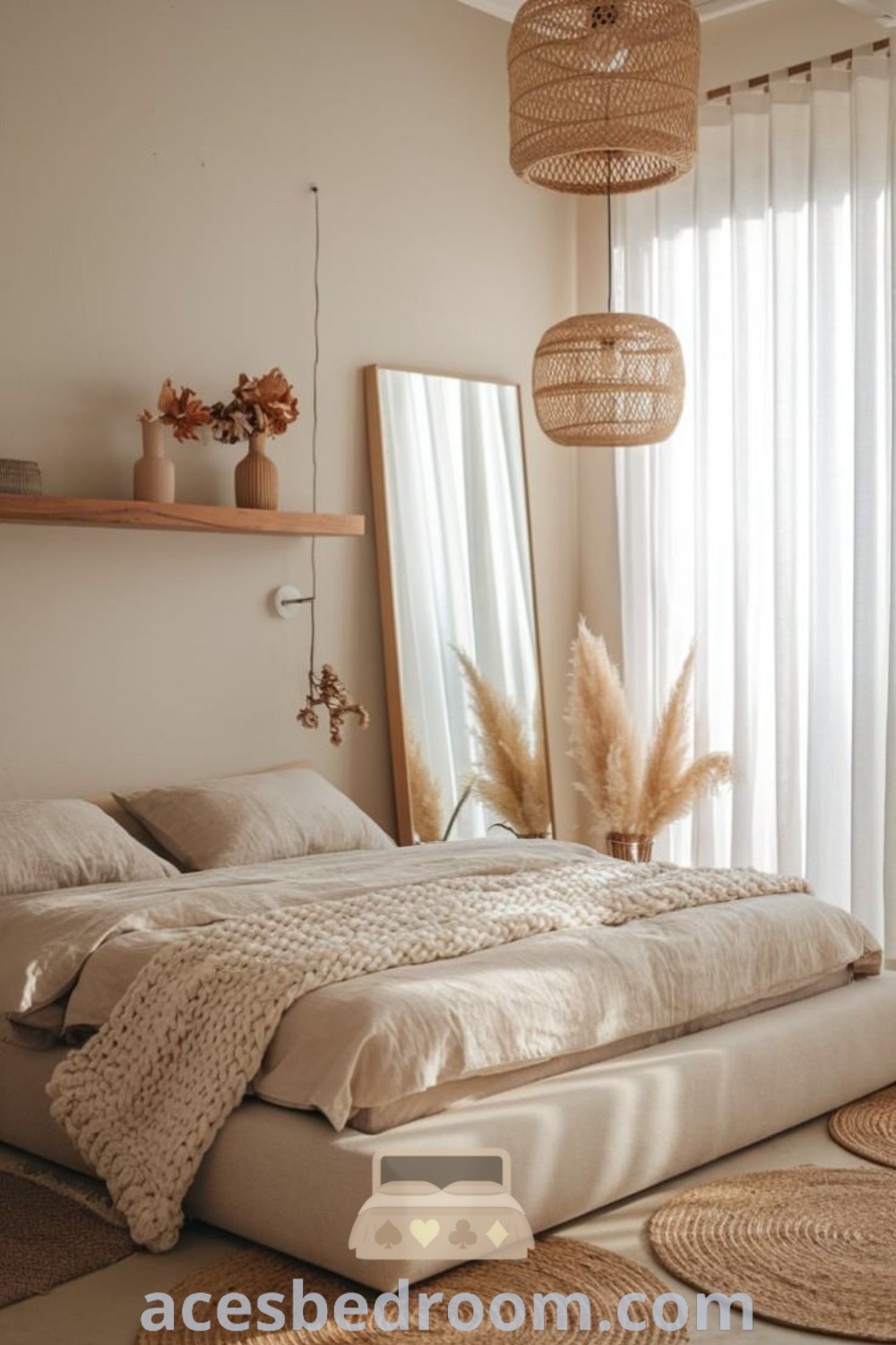 A cozy boho bedroom showcasing a large bed beside a window with curtains, surrounded by rugs that add warmth and comfort. This light tan room exemplifies modern bohemian design ideas, perfect for inspiring cozy aesthetics and inviting home decor tips. Explore more at acesbedroom.com.