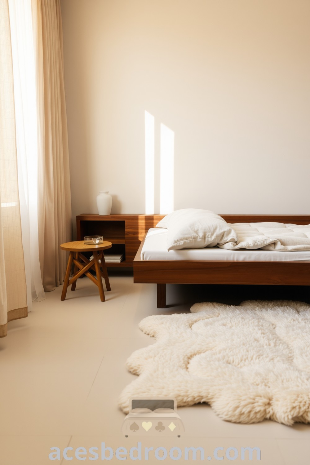 Cozy minimalist bedroom with soft beige walls, low-profile wooden bed, simple linen duvet, reclaimed wood bedside table, and plush area rug, creating a serene atmosphere for relaxation, featured on acesbedroom.com.